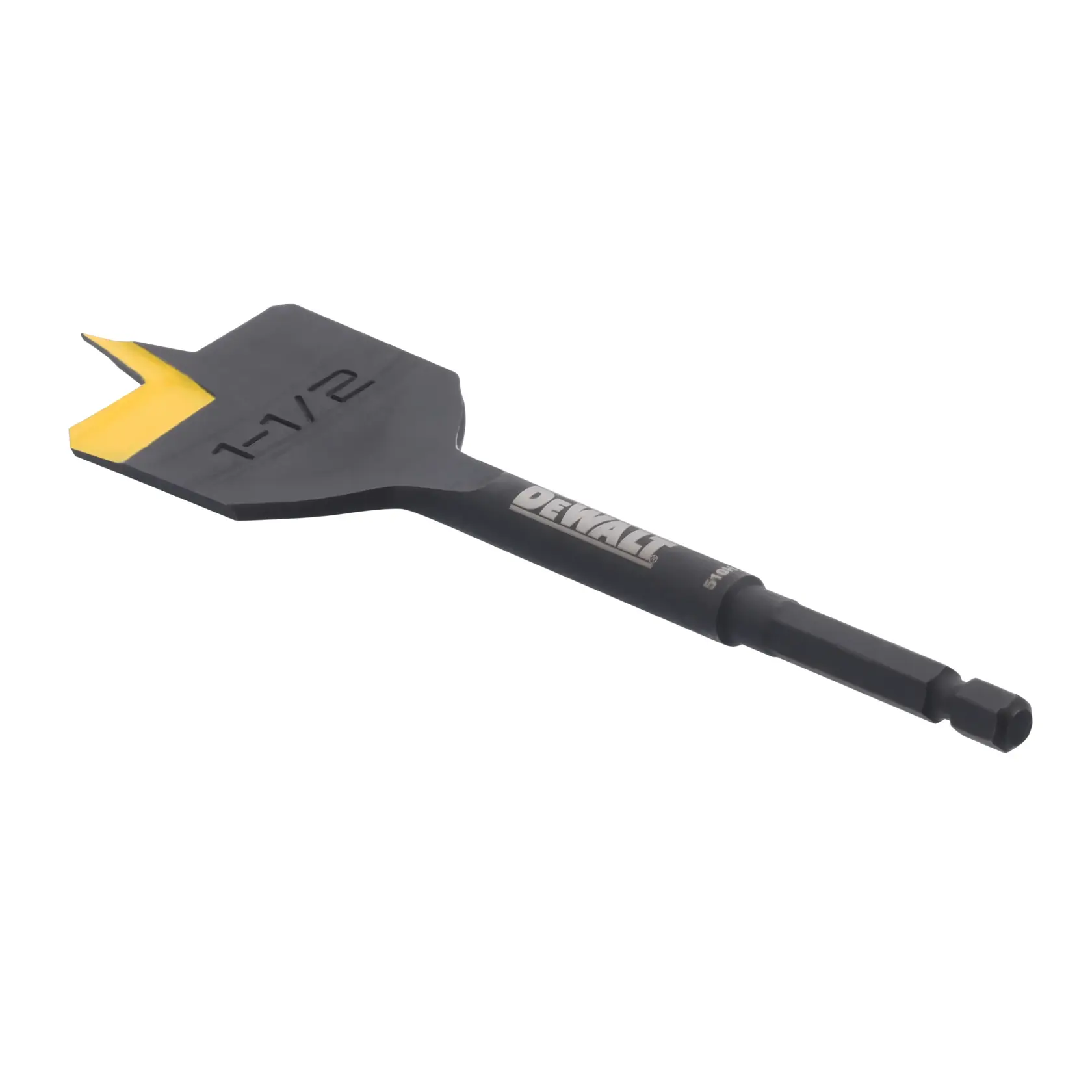 A DeWalt branded flat wood spade drill bit with a black body and a yellow tip, designed for drilling holes in wood. The bit has a hex shank for secure fitting in a drill.