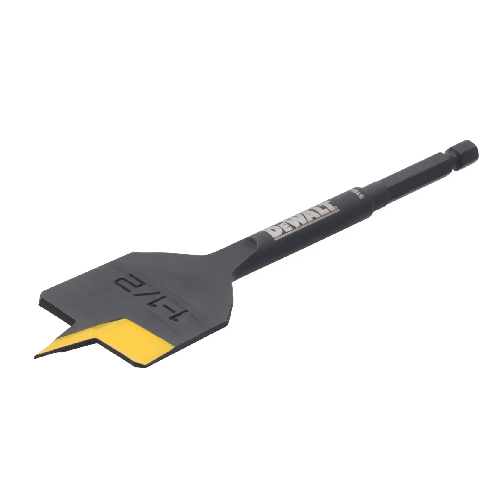 A DEWALT flat wood drill bit with a black body and a yellow-tipped cutting edge, designed for drilling holes in wood.