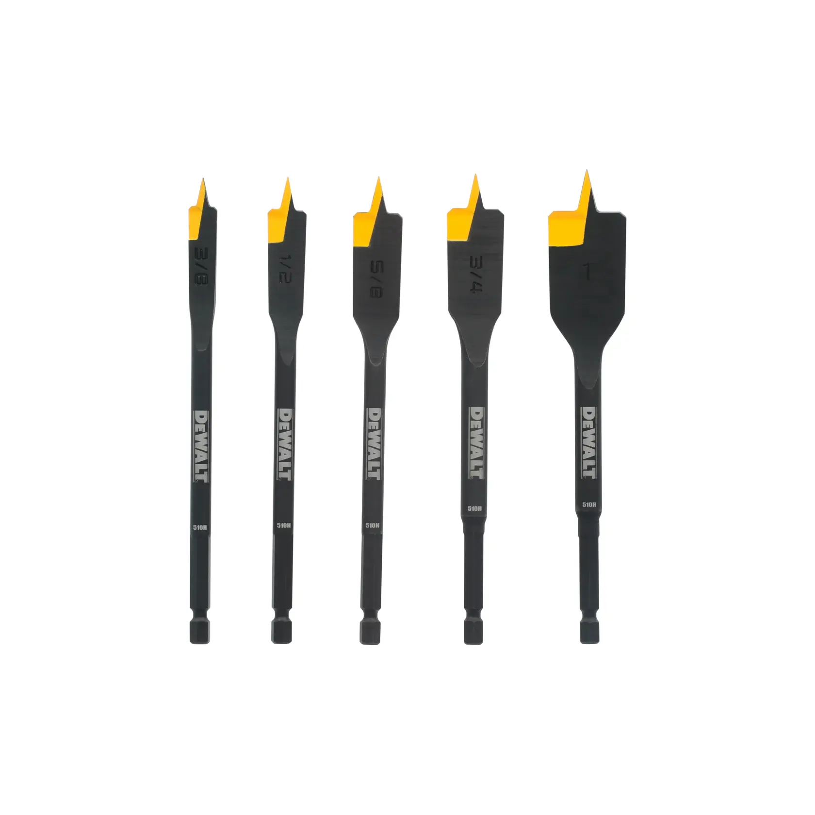 Five DEWALT flat wood drill bits in different sizes are arranged standing upright. Each bit has a black shaft with a yellow painted tip and size markings. The sizes from left to right are 3/8, 1/2, 5/8, 3/4, and 1 inch.