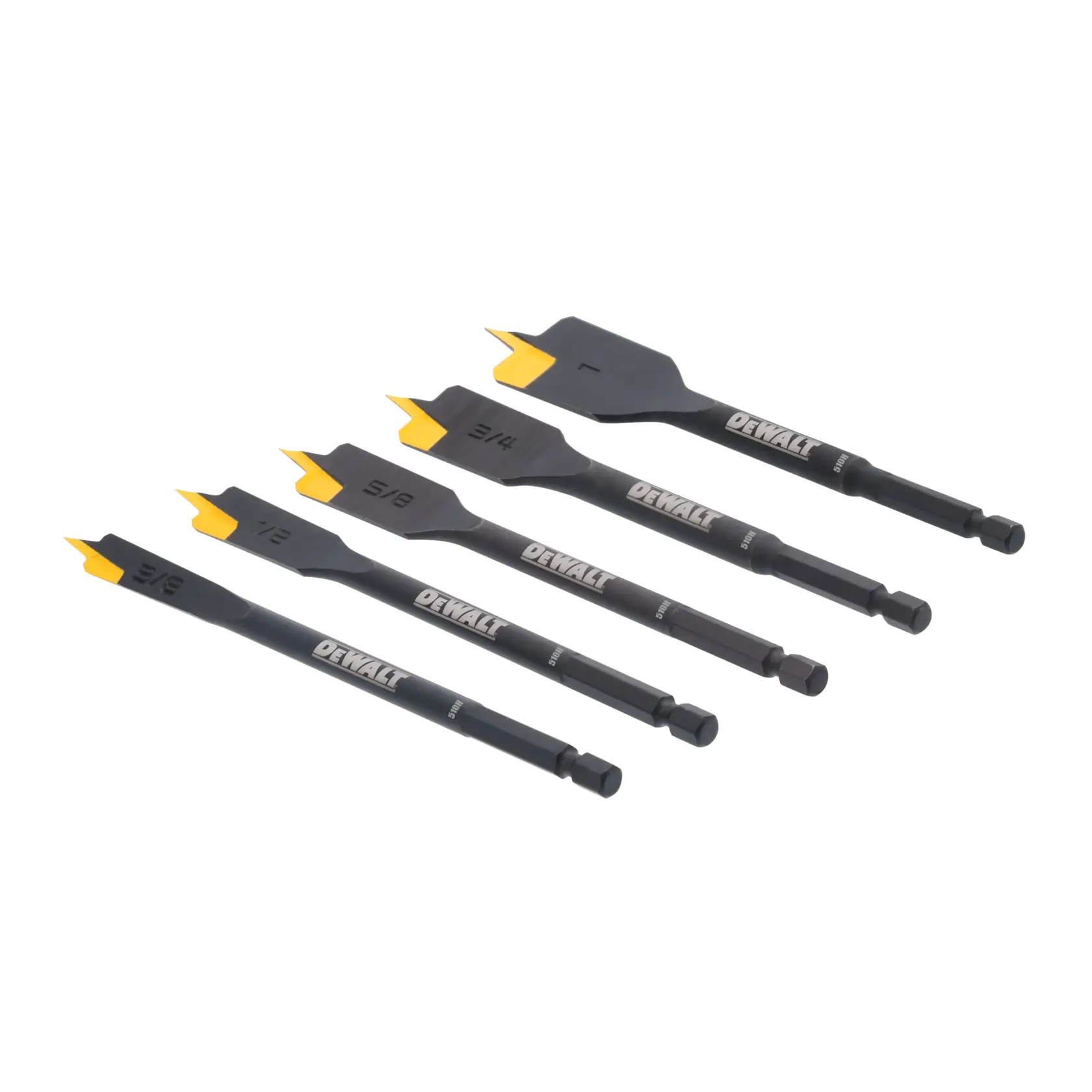 A set of five DEWALT flat wood drill bits with hex shanks, arranged side by side. Each bit has a black body with yellow tips and is labeled with its size.