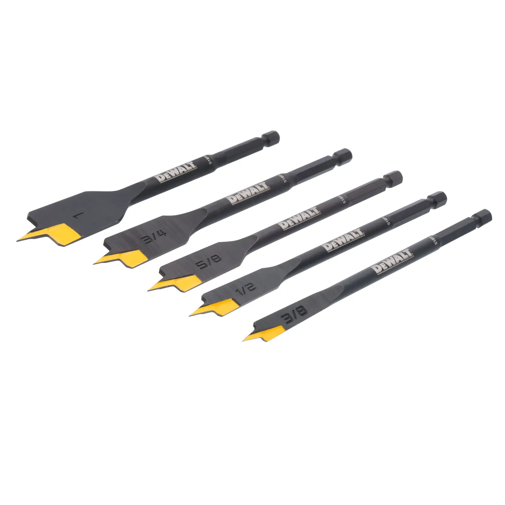 Five DEWALT flat drill bits with yellow tips, arranged side by side on a white background. Each bit is labeled with its size: 1 inch, 3/4 inch, 5/8 inch, 1/2 inch, and 3/8 inch.
