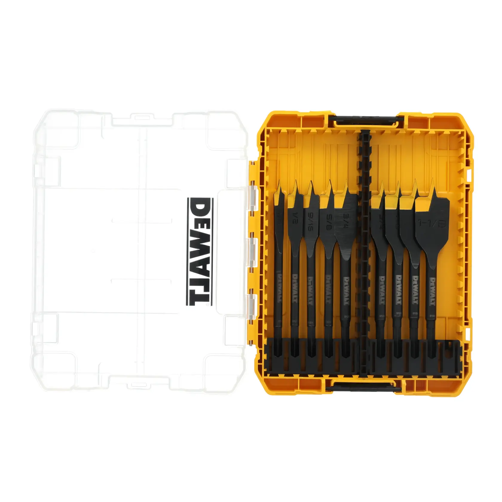 A DEWALT brand yellow and transparent plastic case containing a set of nine black wood spade drill bits, each labeled with its size, organized in two rows.