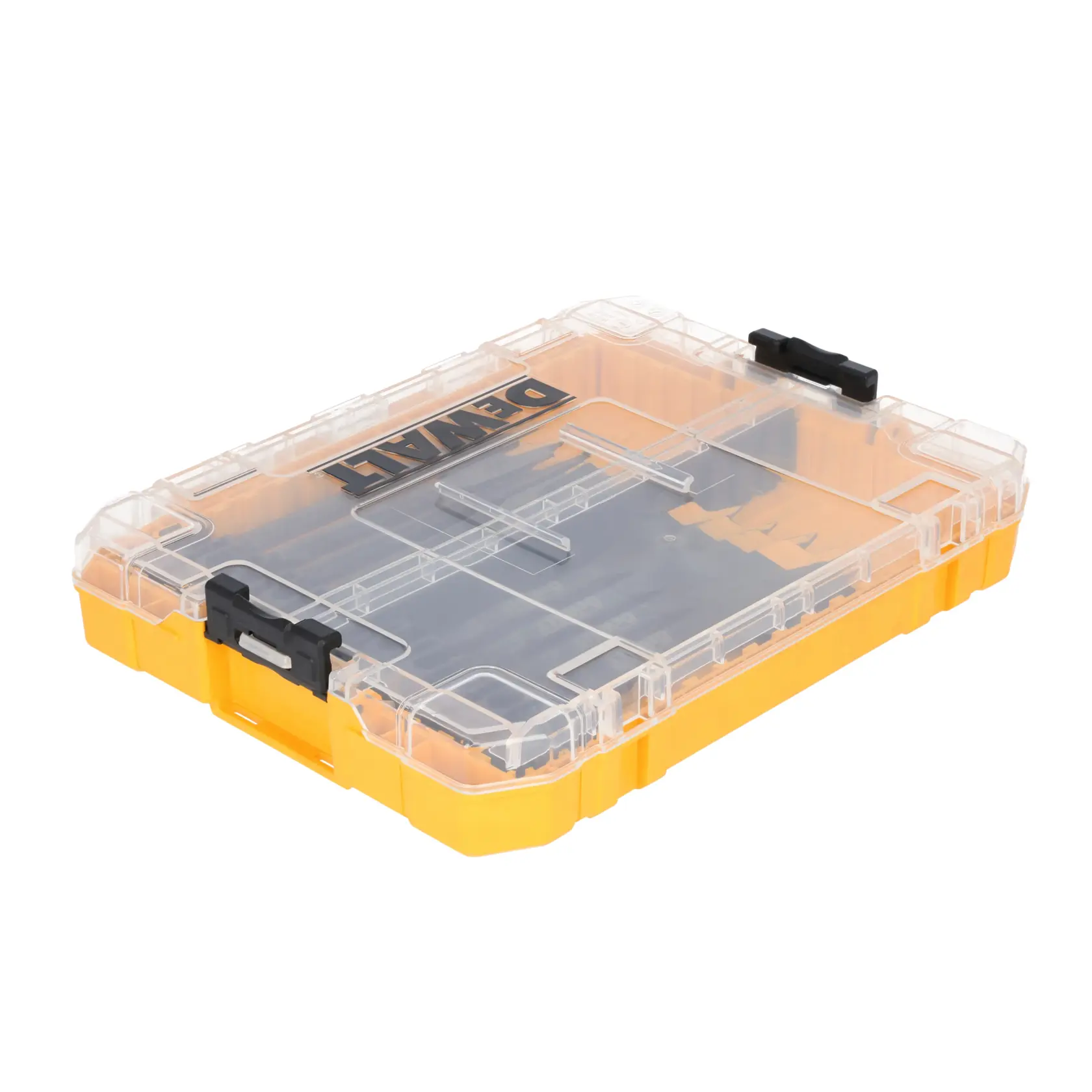 A DEWALT branded yellow and transparent plastic storage case with black latches, used for organizing and storing drill bits or accessories.