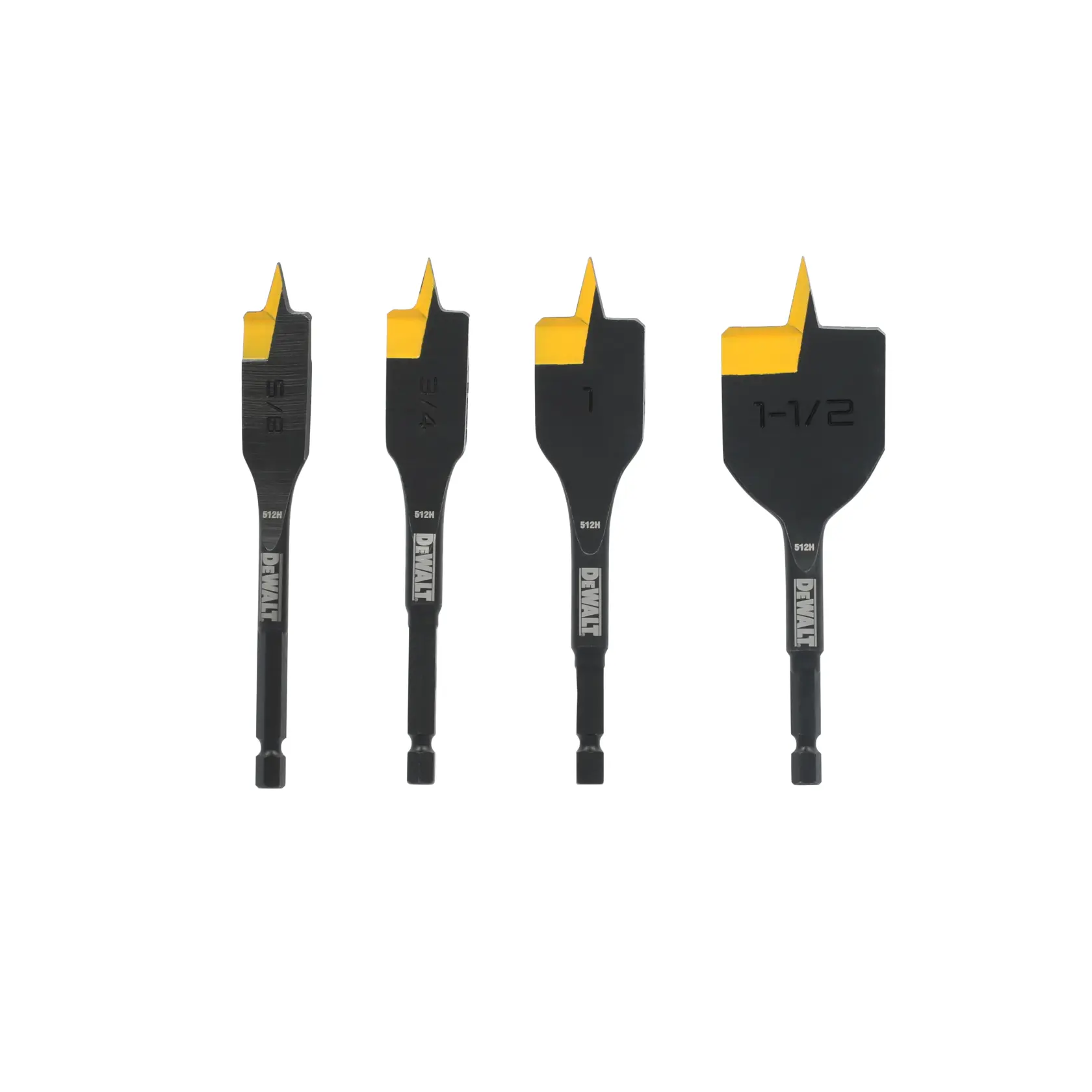 A set of four DEWALT branded wood drill bits, known as spade bits or paddle bits, each with a flat blade and pointed tip. The sizes are labeled 5/8, 3/4, 1, and 1-1/2 inches. The bits are black with yellow tips and are arranged side by side on a white background.