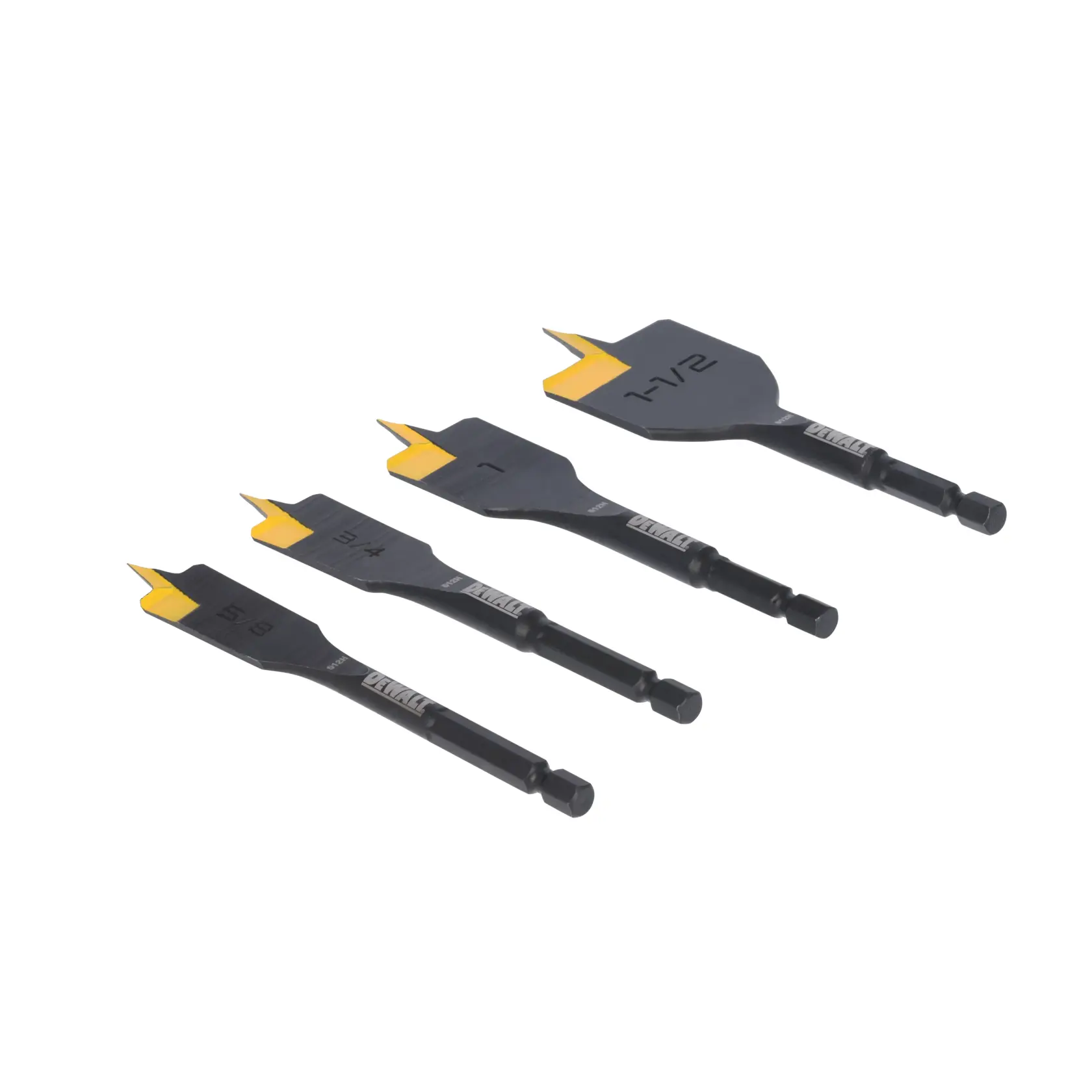 A set of four DEWALT flat spade drill bits with yellow tips, arranged in a row on a white background. Each bit is labeled with its size.