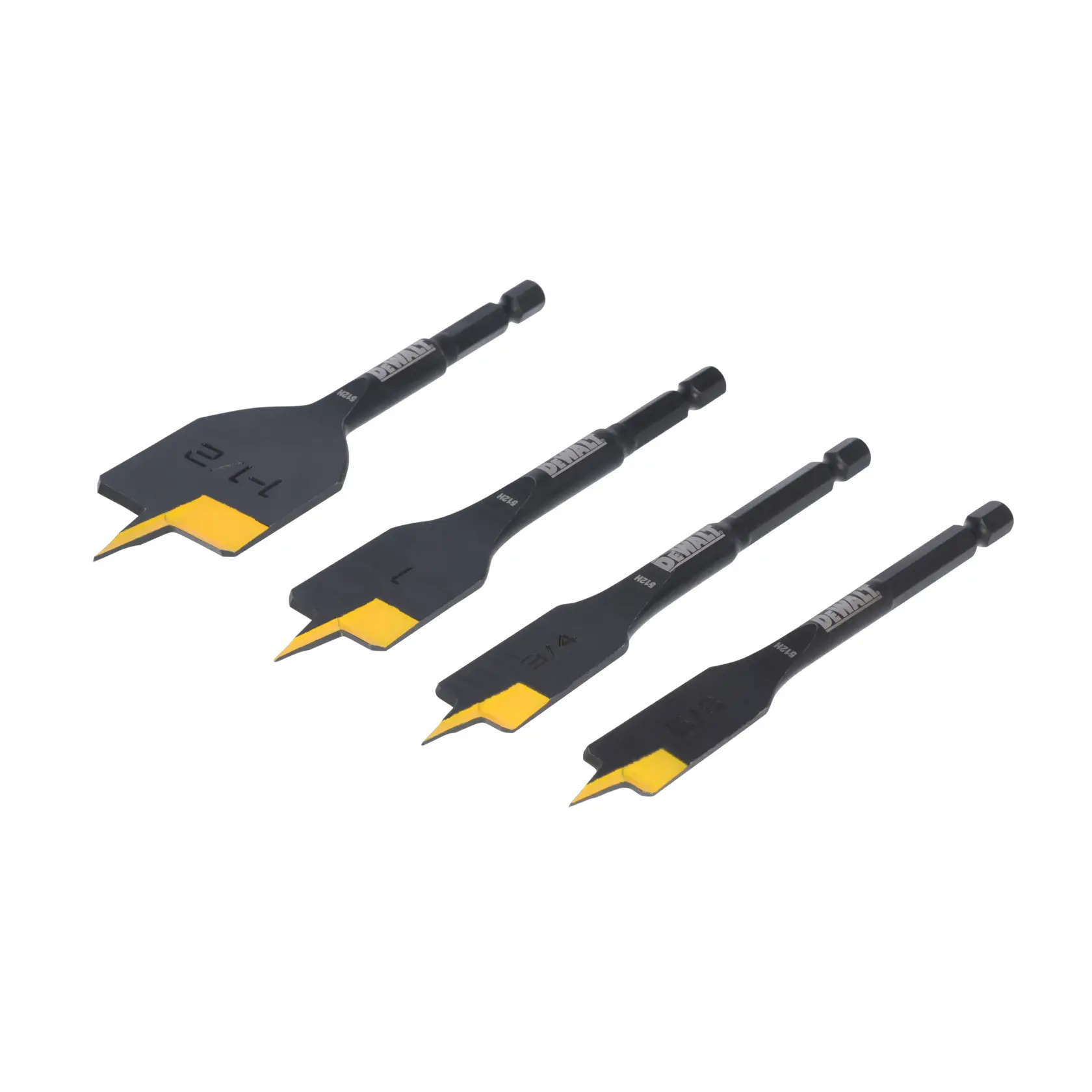 A set of four DEWALT flat wood drill bits with black and yellow tips, arranged in a row. Each bit is marked with its size, and they have hex shanks for compatibility with power drills.
