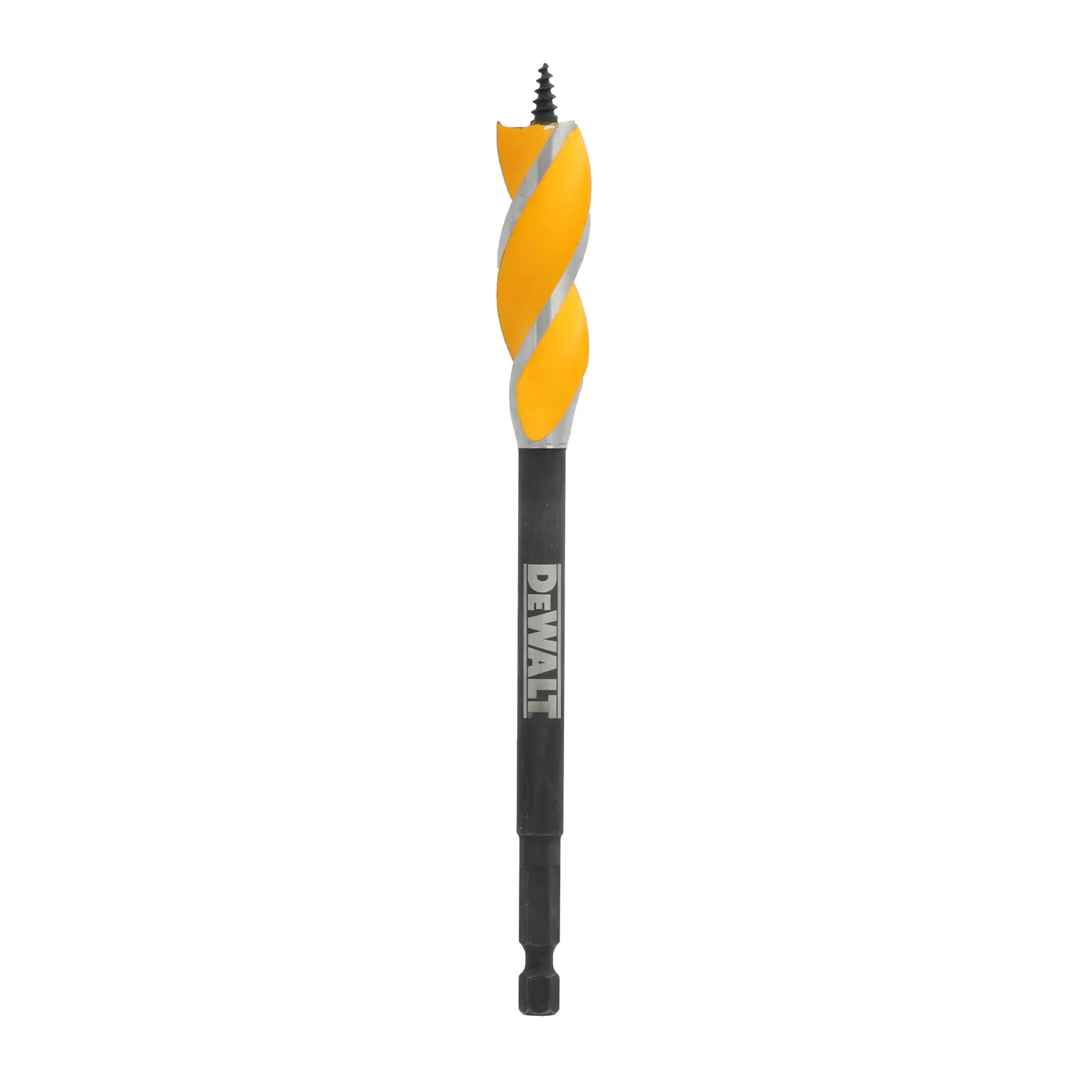 A DEWALT branded wood drill bit with a yellow spiral flute, hex shank, and screw tip. The bit is shown vertically on a white background.