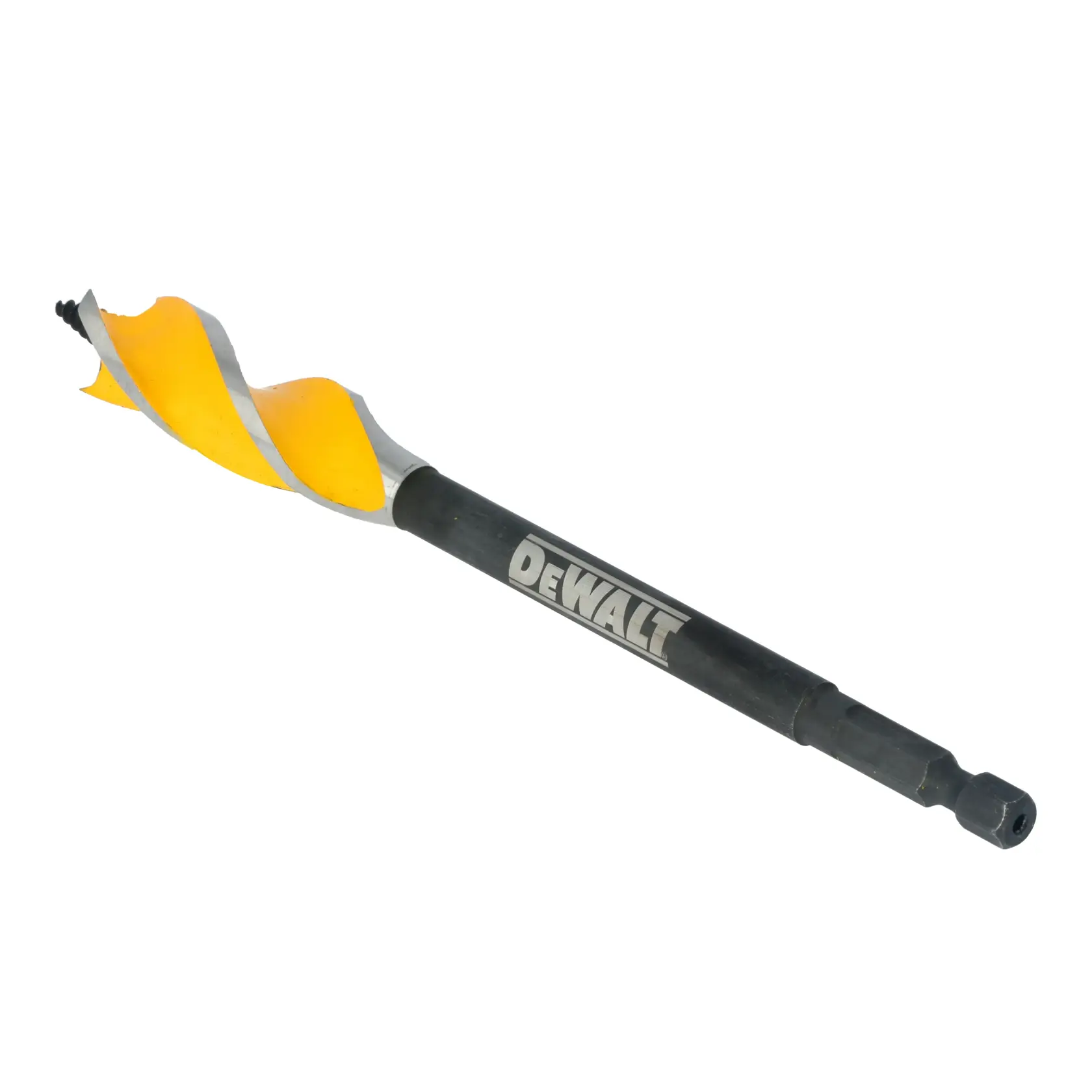 A DEWALT branded auger drill bit with a yellow spiral design and a black shaft, designed for woodworking.