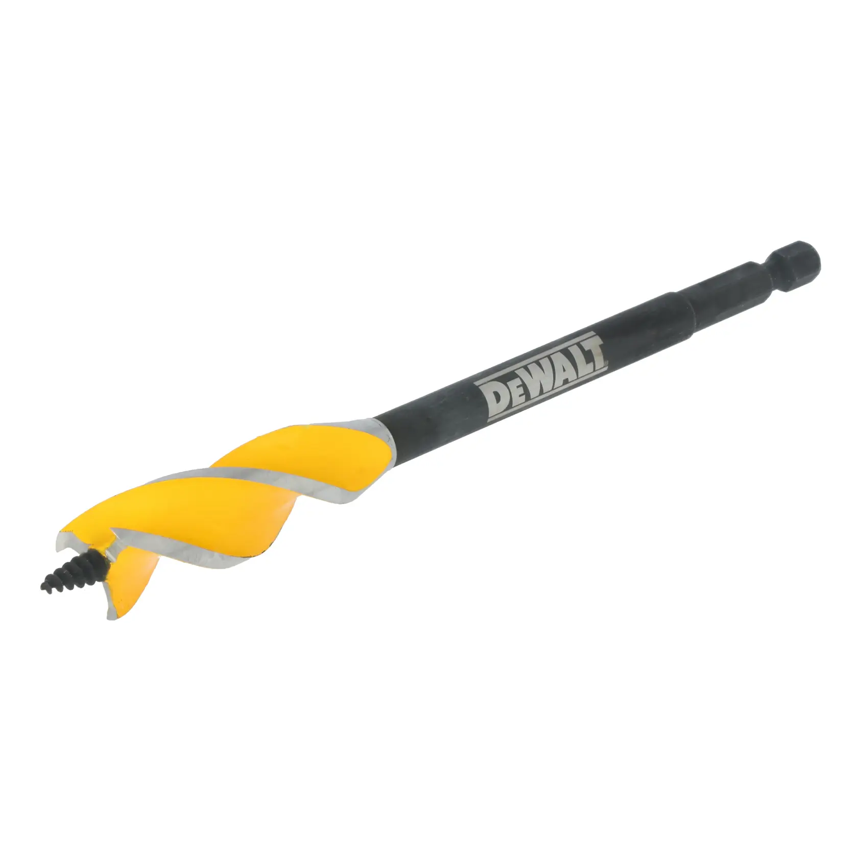 A DEWALT branded auger drill bit with a yellow and silver spiral design and a hex shank, used for woodworking.