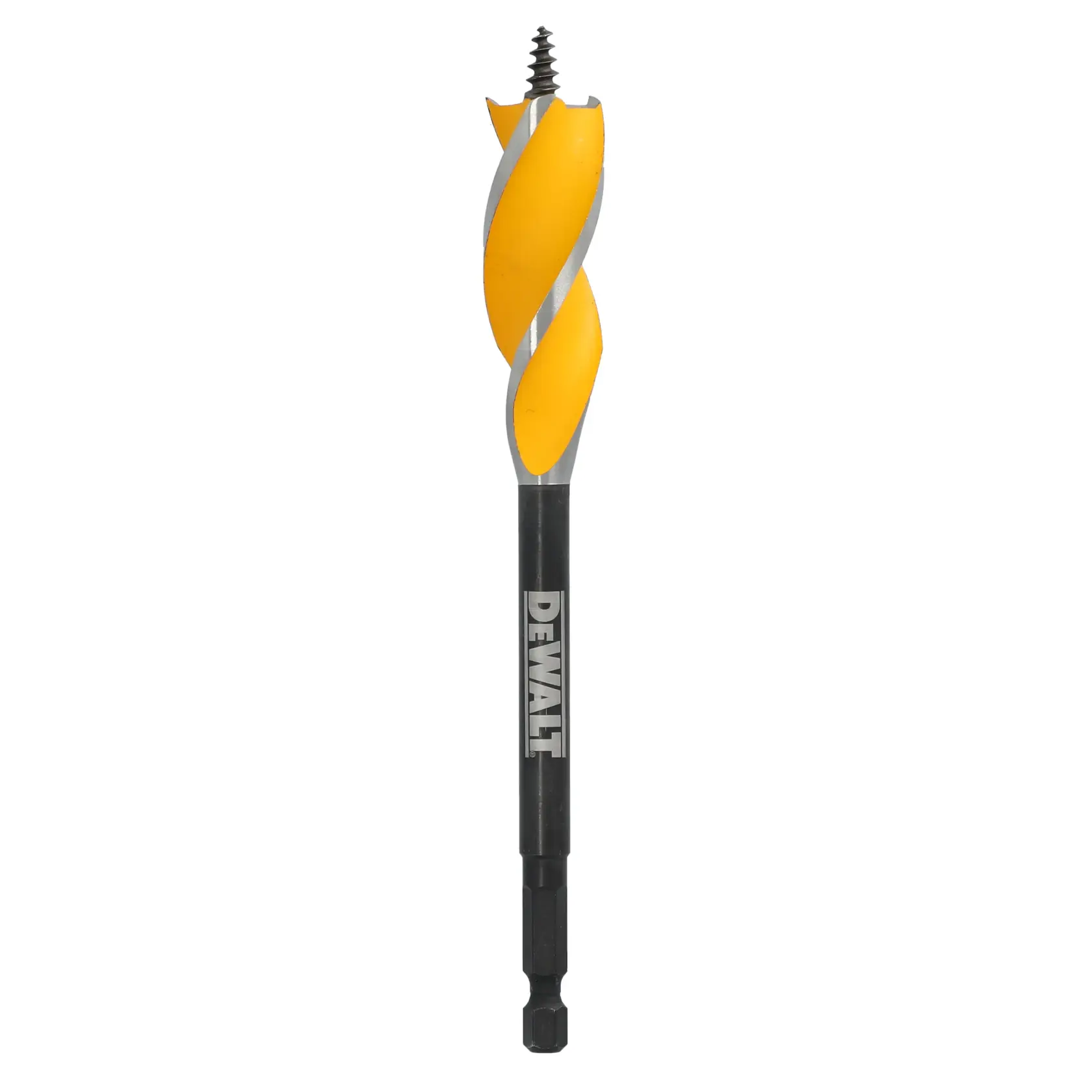A DEWALT branded auger drill bit with a yellow spiral flute and a black shank, designed for woodworking.