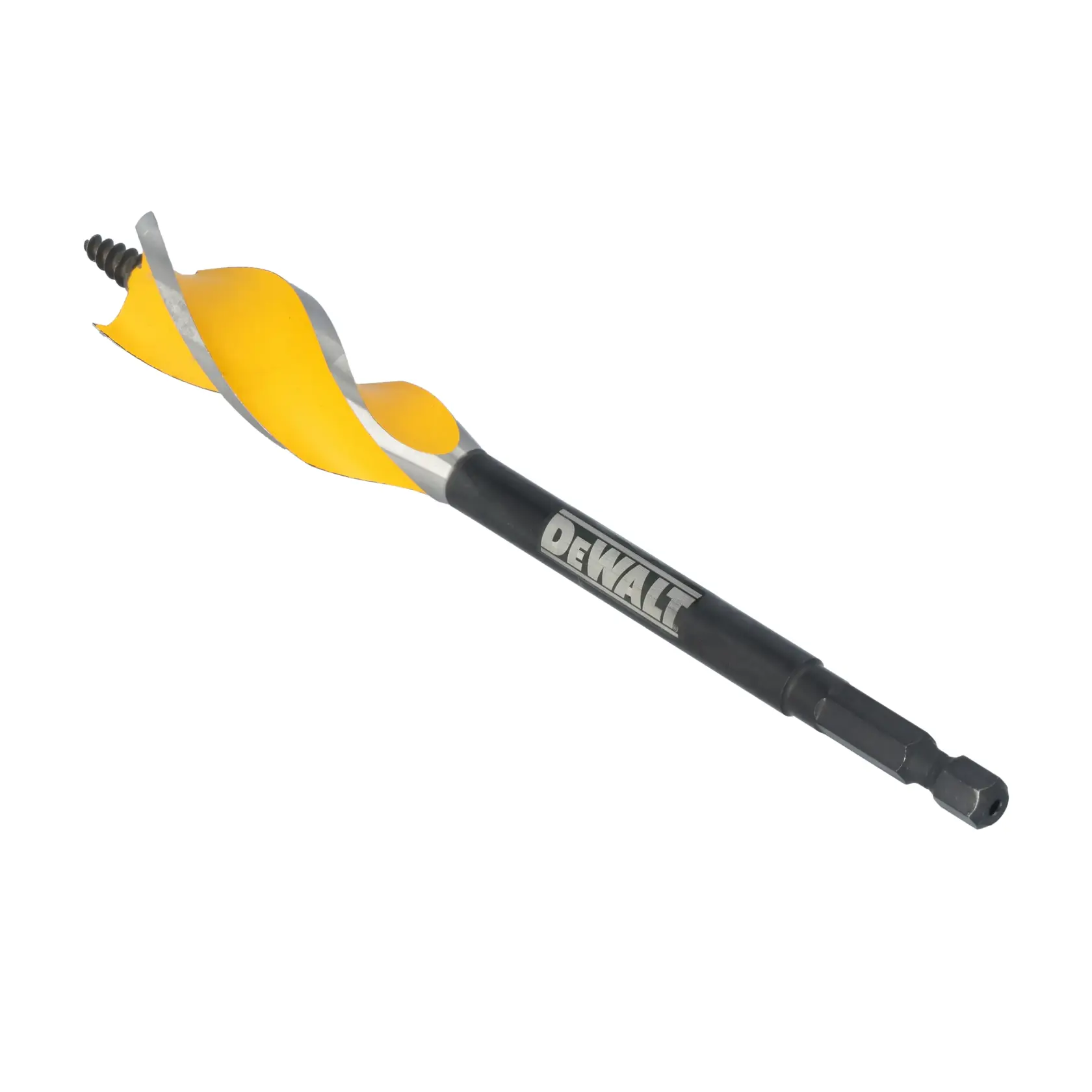 A DEWALT branded auger drill bit with a yellow spiral blade and a hex shank, designed for boring holes in wood.