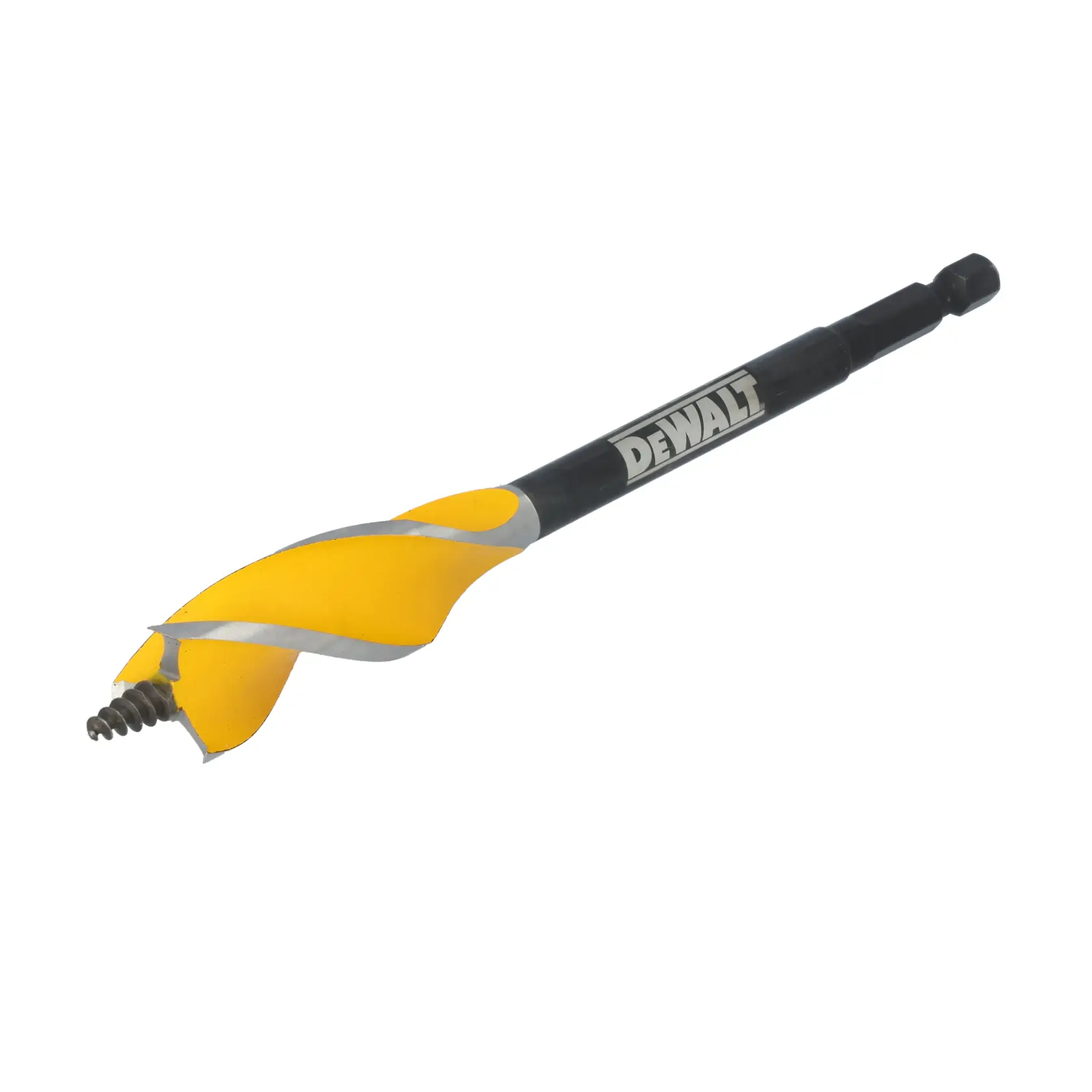A DEWALT branded yellow and black auger drill bit with a hex shank, designed for woodworking.