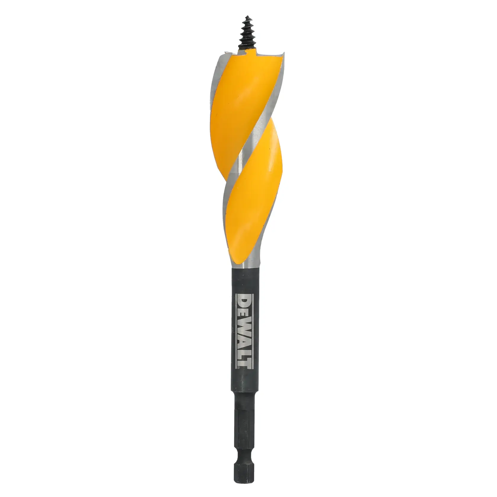 A DEWALT branded yellow and silver wood drill bit with a hex shank and threaded tip.
