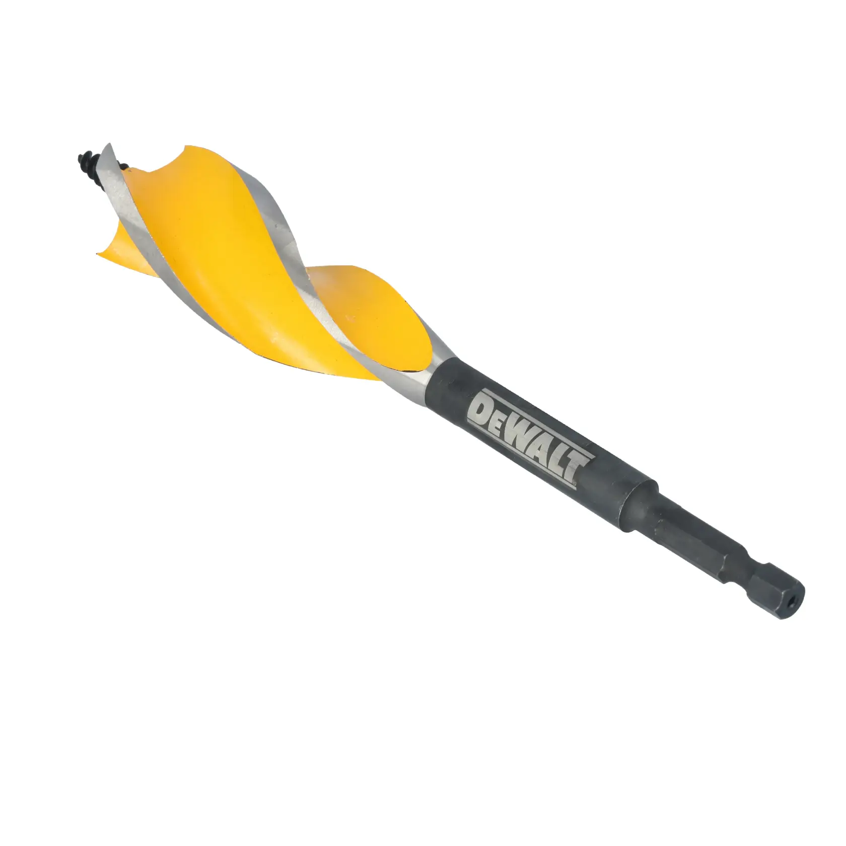 A DEWALT branded auger drill bit with a yellow spiral blade and a black hex shank, used for woodworking.