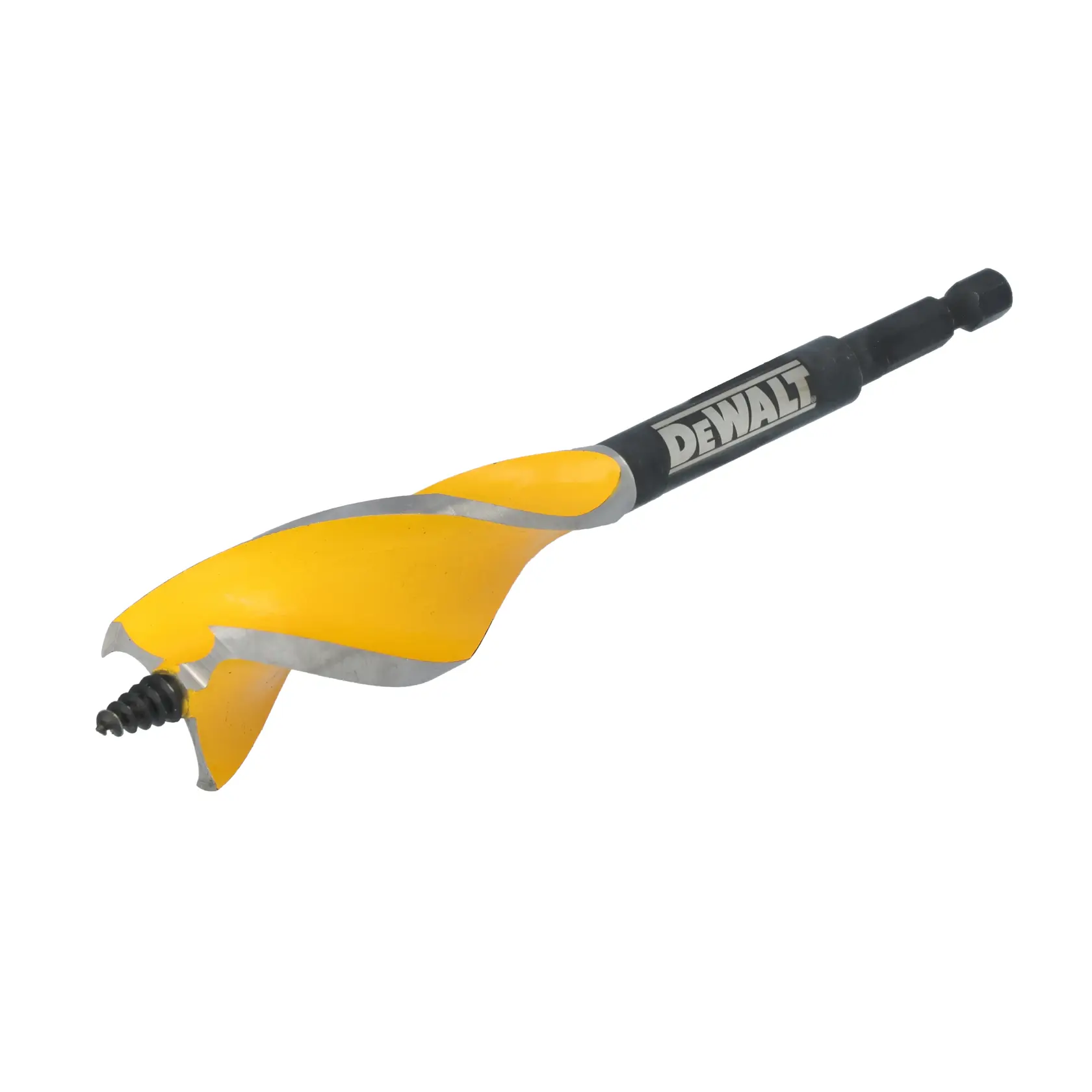 A DEWALT branded drill bit designed for woodworking, featuring a yellow and silver spiral blade with a hex shank.
