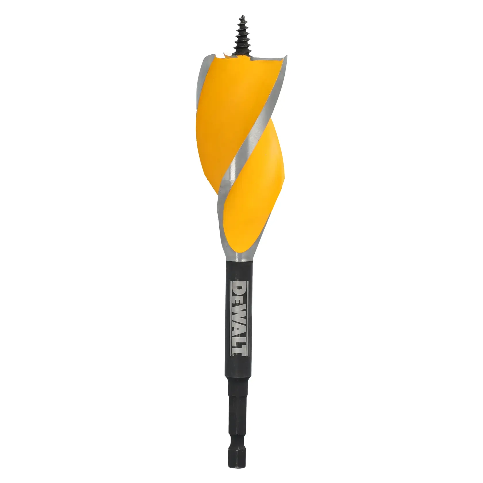 A Dewalt brand wood auger drill bit with a yellow spiral flute and a hex shank, designed for drilling into wood.