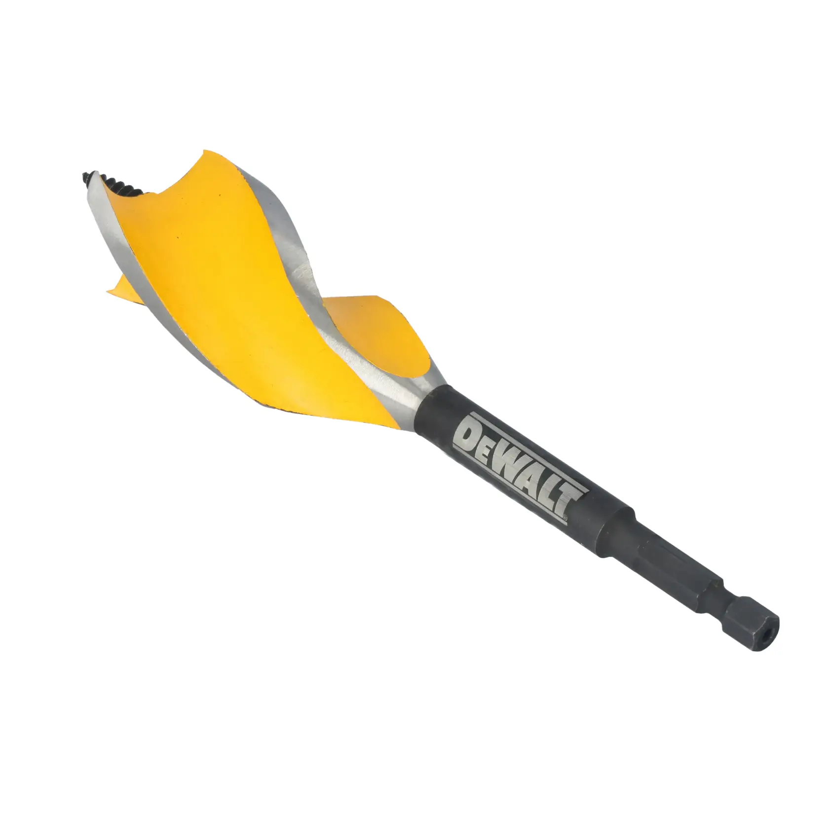 A DEWALT branded drill bit with a yellow and silver spiral blade and a black shank, designed for woodworking.