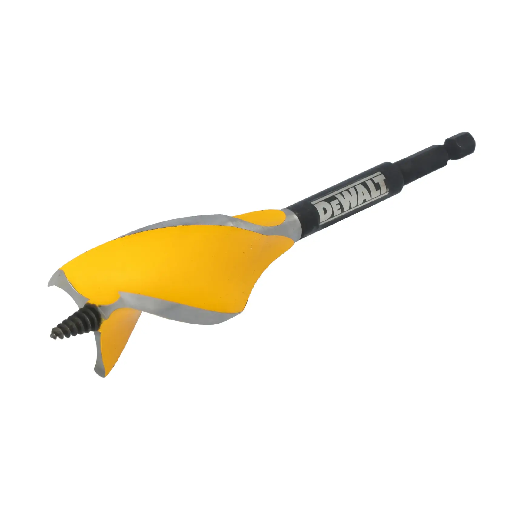 A close-up image of a DEWALT drill bit with a yellow and silver blade and a black hex shank, designed for wood drilling.