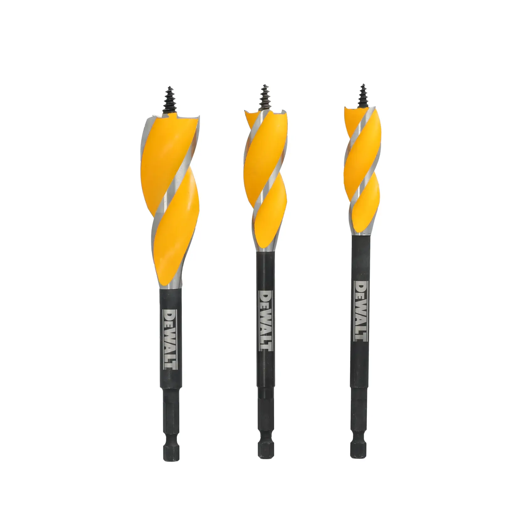 Three DEWALT yellow and black auger drill bits standing upright, each with a hex shank and screw tip.