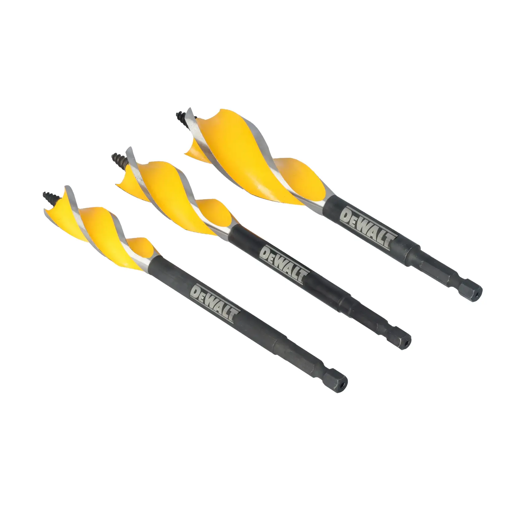 Three DEWALT branded yellow and black auger drill bits are shown, each with a spiral shape and hex shank, displayed against a white background.
