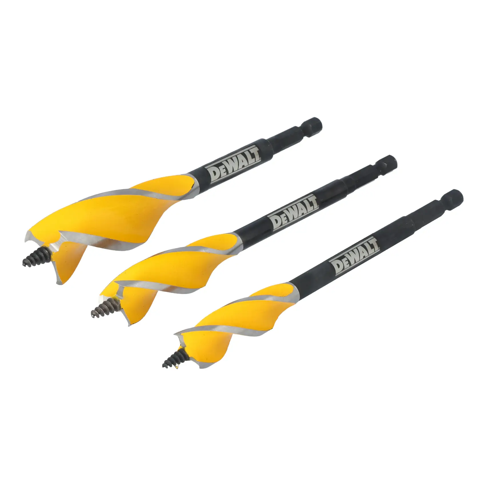 Three yellow and black DEWALT wood drill bits with spiral flutes and hex shanks, displayed side by side on a white background.