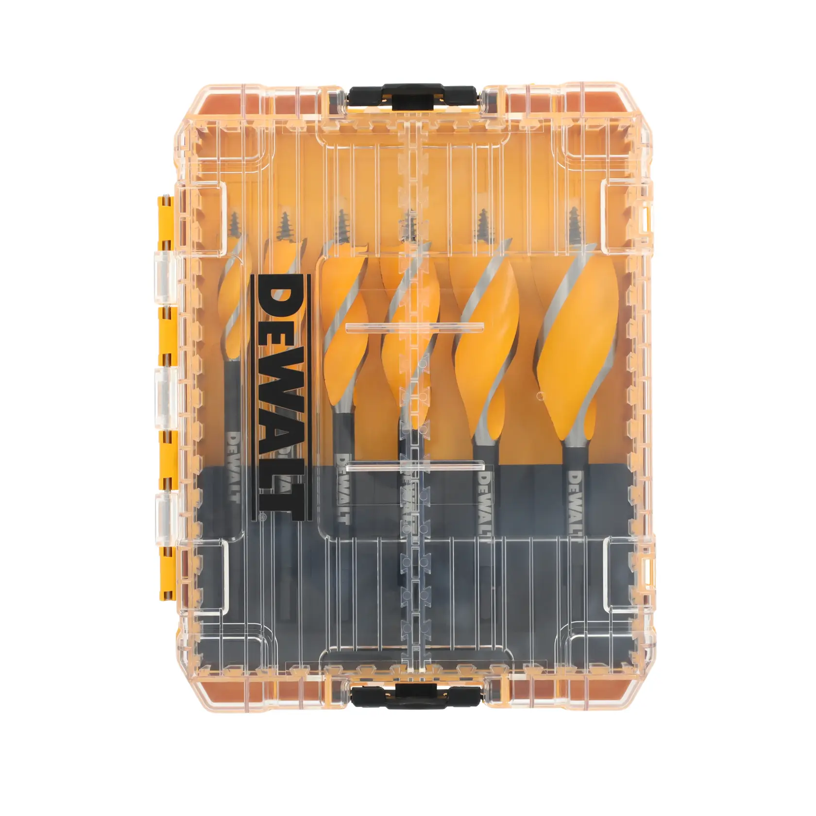 A clear plastic storage case containing six DEWALT drill bits with yellow and black handles, visible through the transparent cover. The DEWALT logo is printed on the inside of the case.