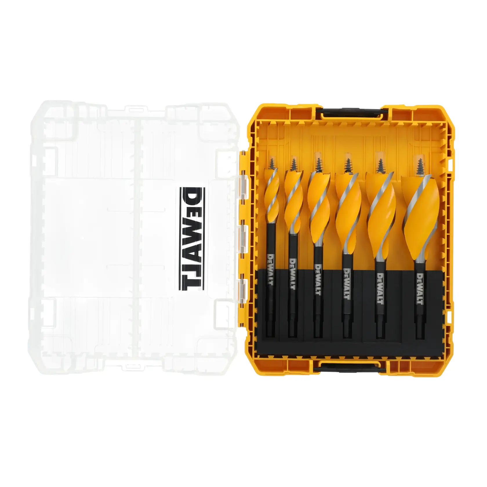 A DEWALT branded set of six yellow and black wood drill bits in a yellow plastic storage case with a transparent lid.