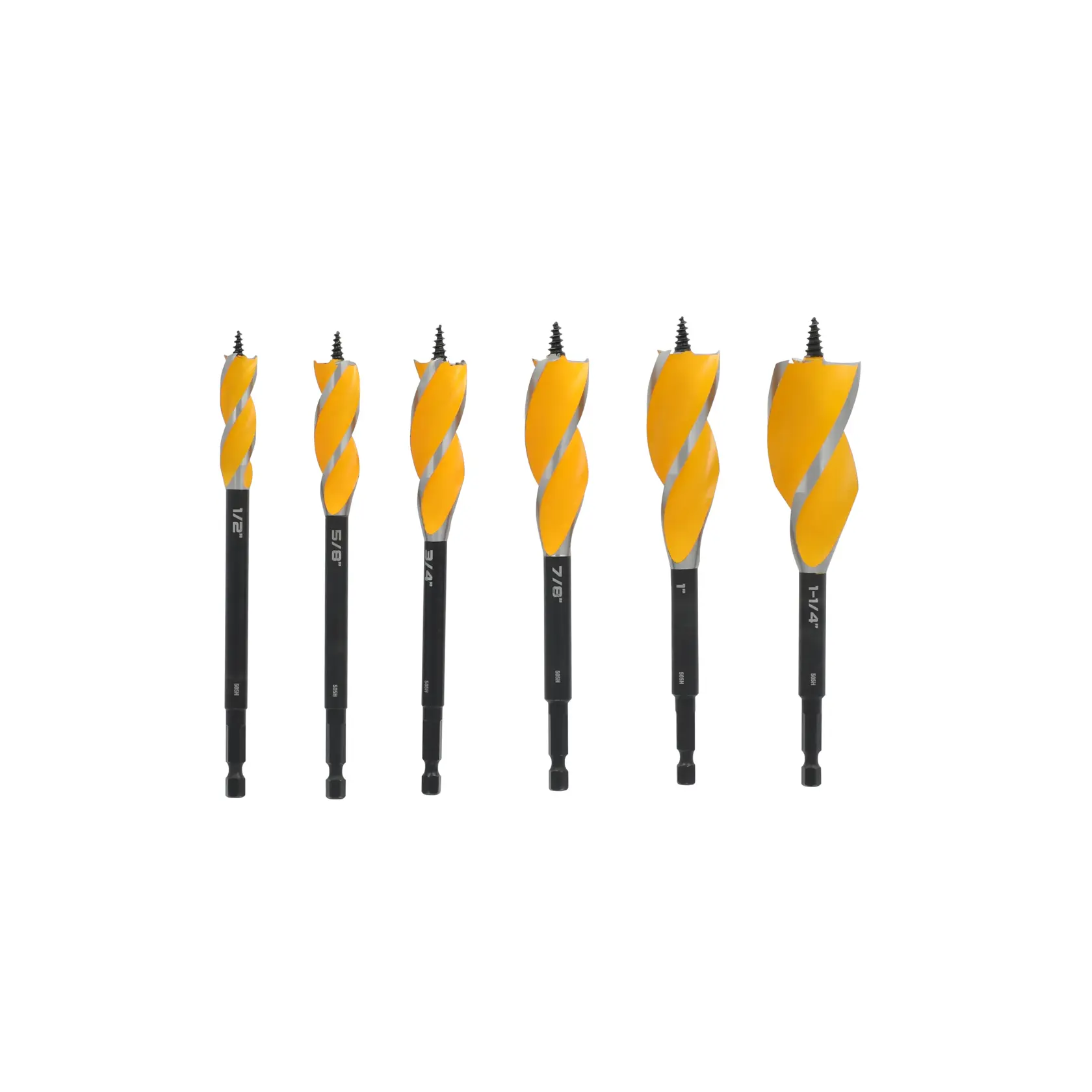 A set of six DEWALT wood drill bits with yellow spiral flutes and black shanks, each bit labeled with its size, arranged vertically on a white background.