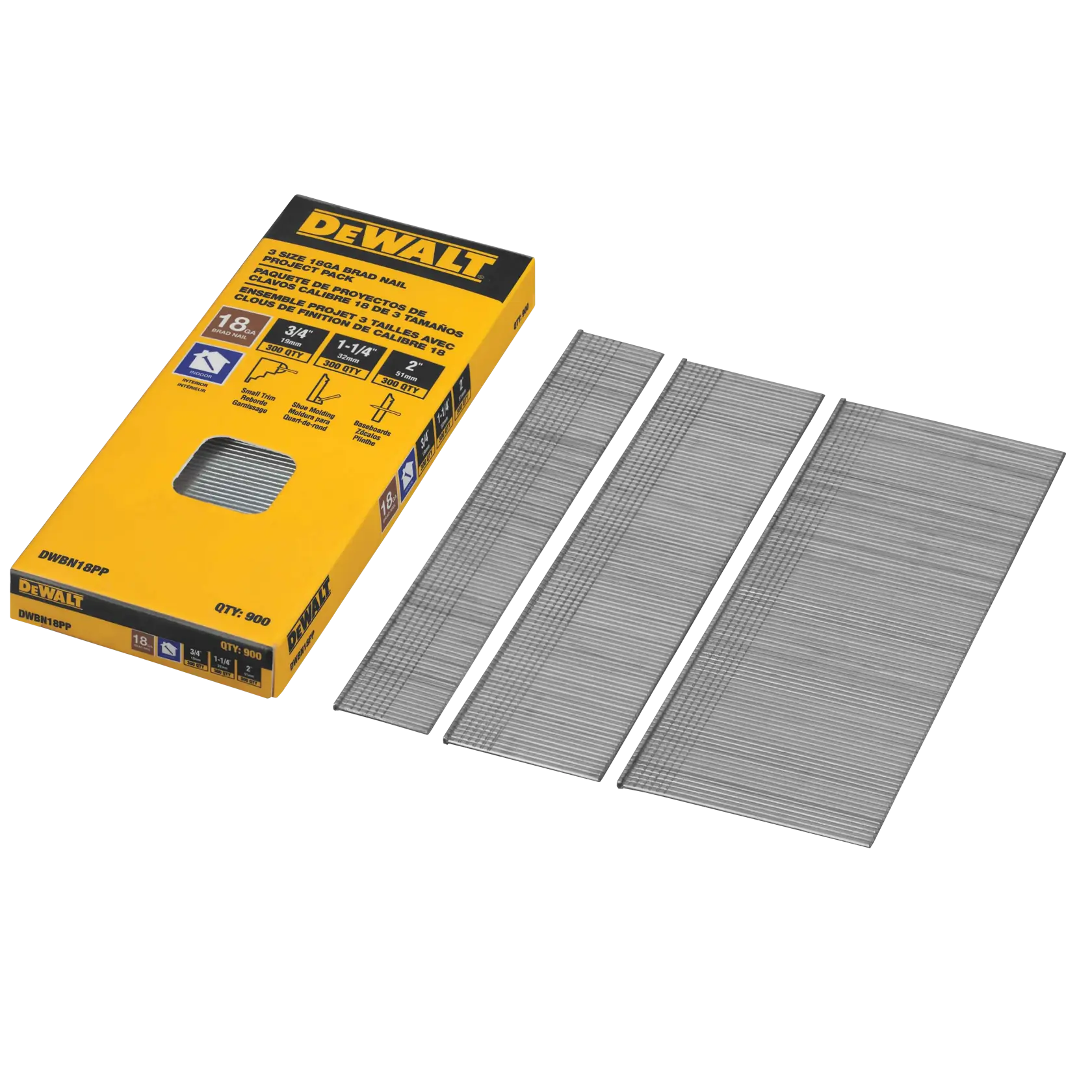 A box of DEWALT 18 gauge brad nails (model DWBN18PP) with three stacks of silver brad nails displayed next to the box.