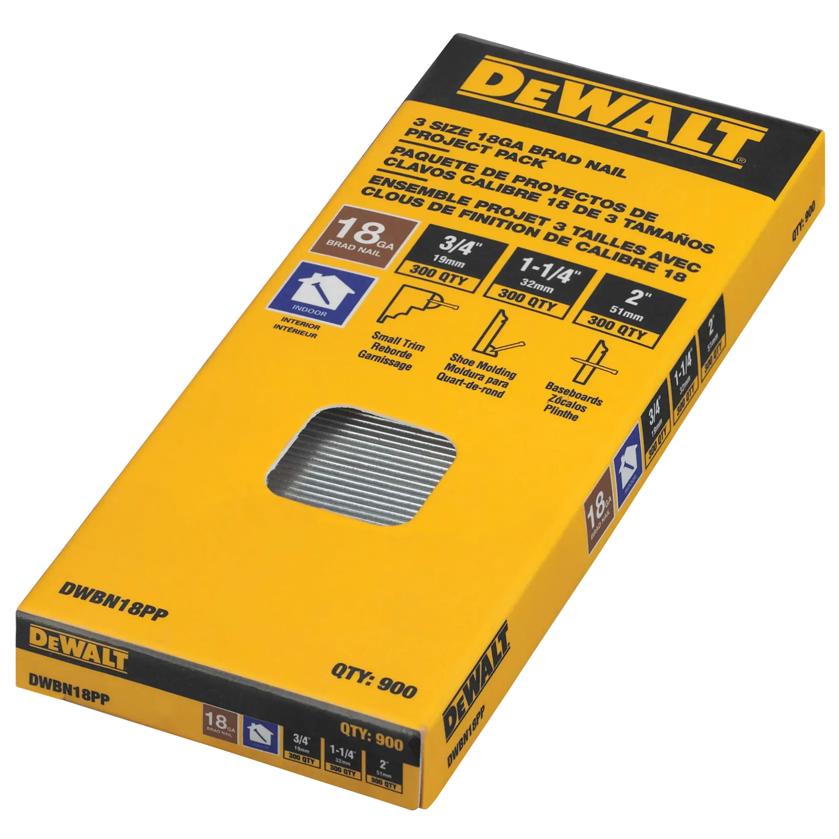 A yellow box of DEWALT 18 gauge brad nails project pack, containing 900 nails in three sizes (3/4 inch, 1-1/4 inch, and 2 inch), suitable for indoor use and various trim, molding, and baseboard applications.