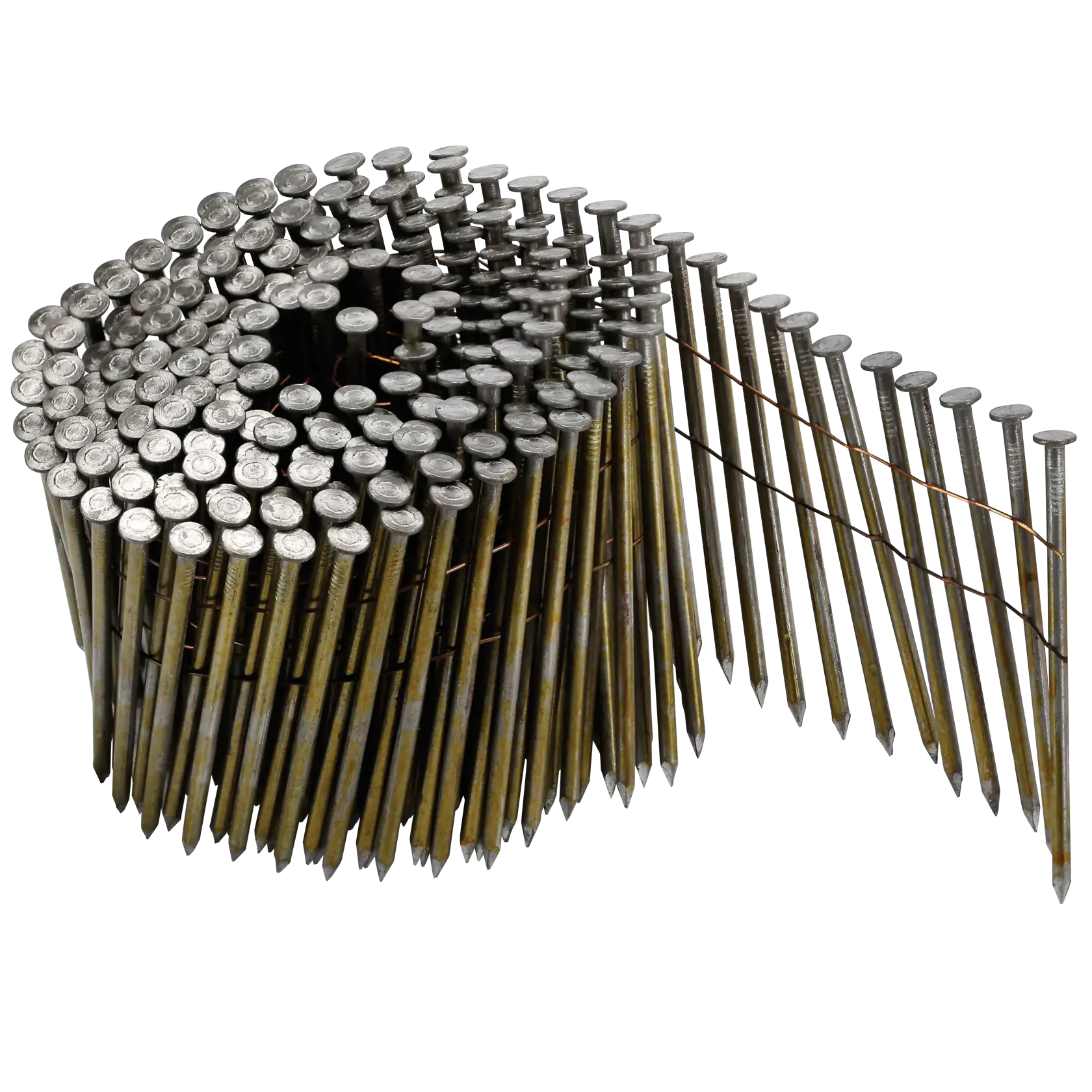 A coil of collated nails used for a nail gun, arranged in a spiral with the heads aligned and metal wire holding them together.