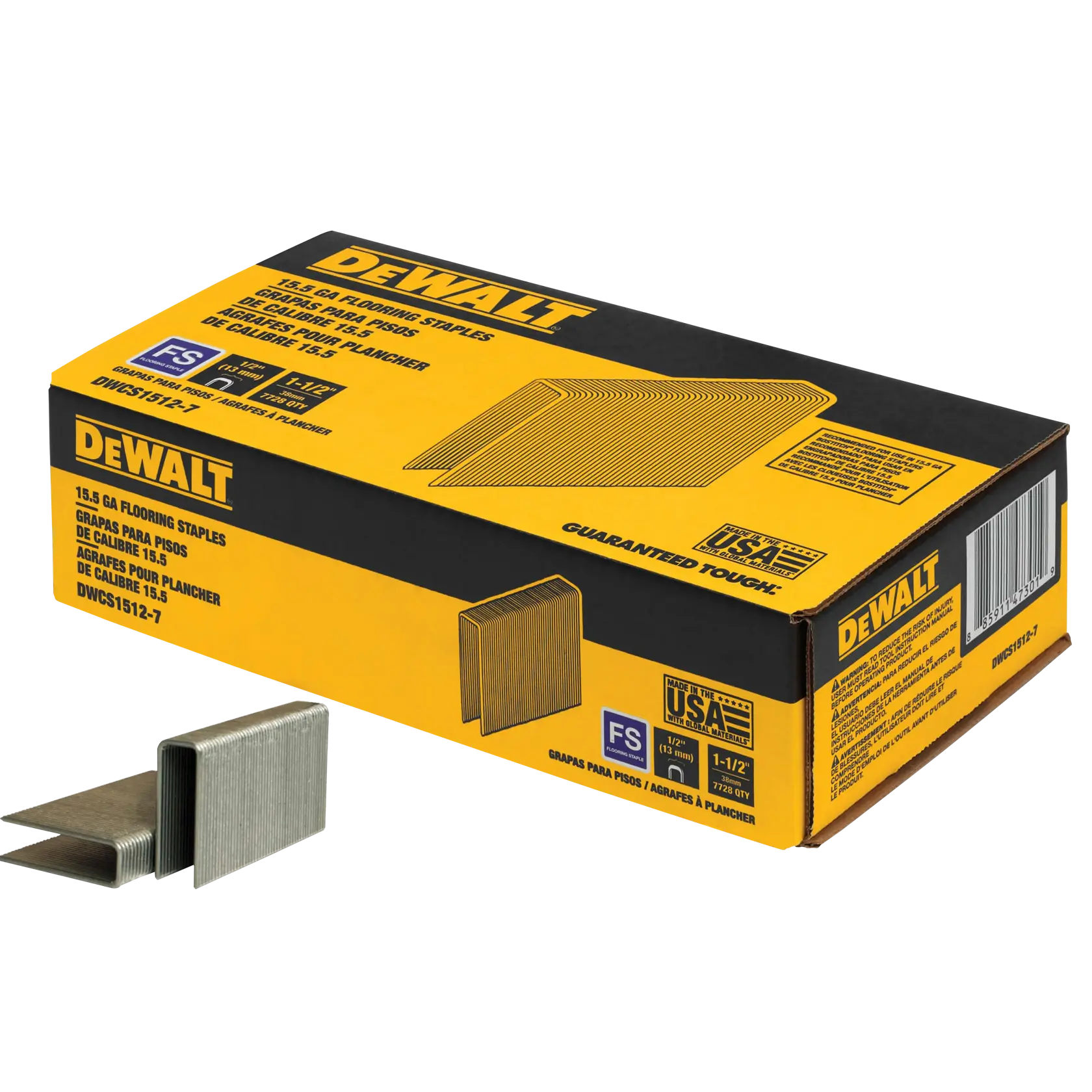 Profile of 15.5 gauge flooring staples with packaging.