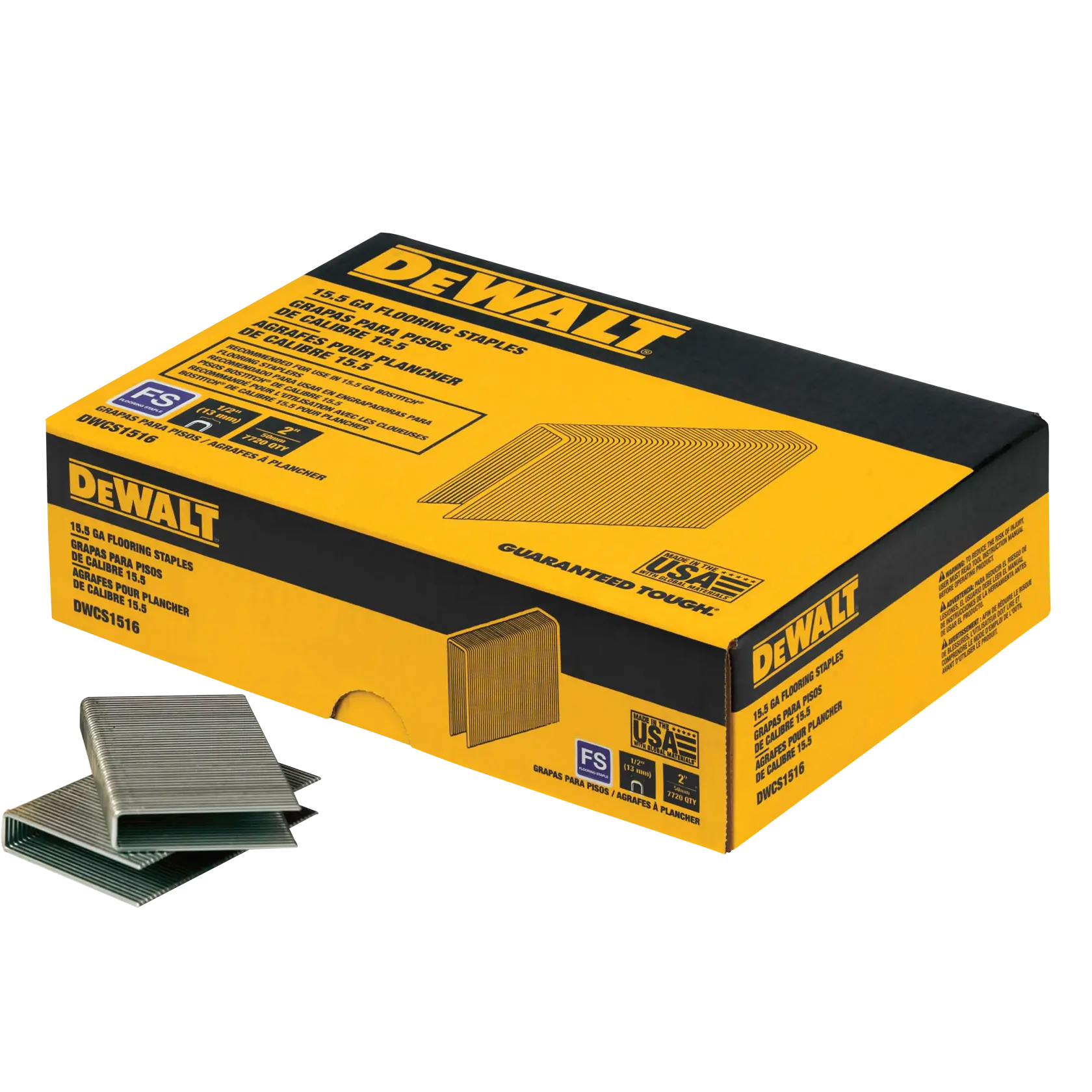 A yellow and black box of DEWALT 15.5 GA flooring staples with a few metal staples displayed in front of the packaging.