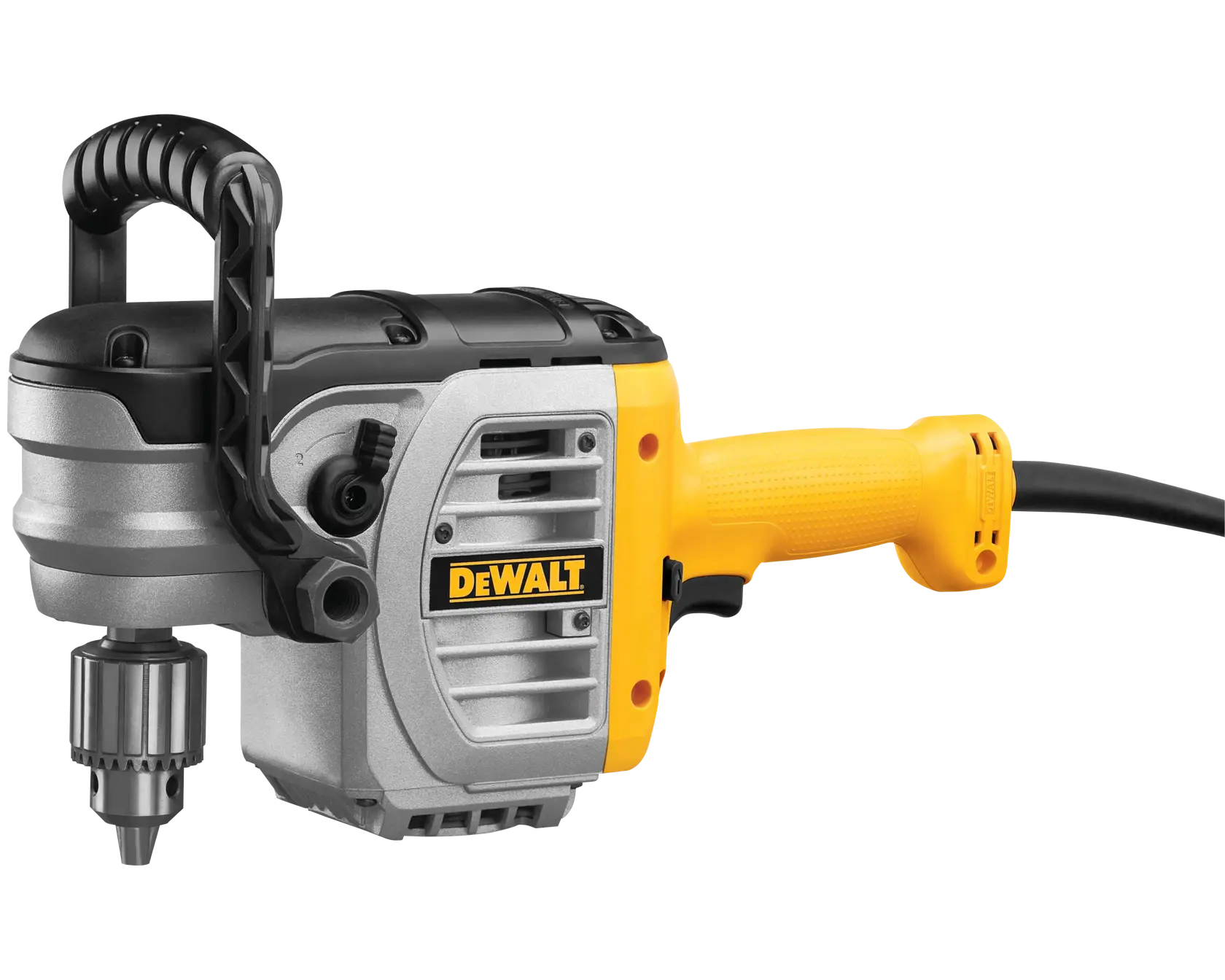 DEWALT DWD450 heavy-duty electric drill with yellow and black casing, side handle, and keyed chuck, shown against a white background.