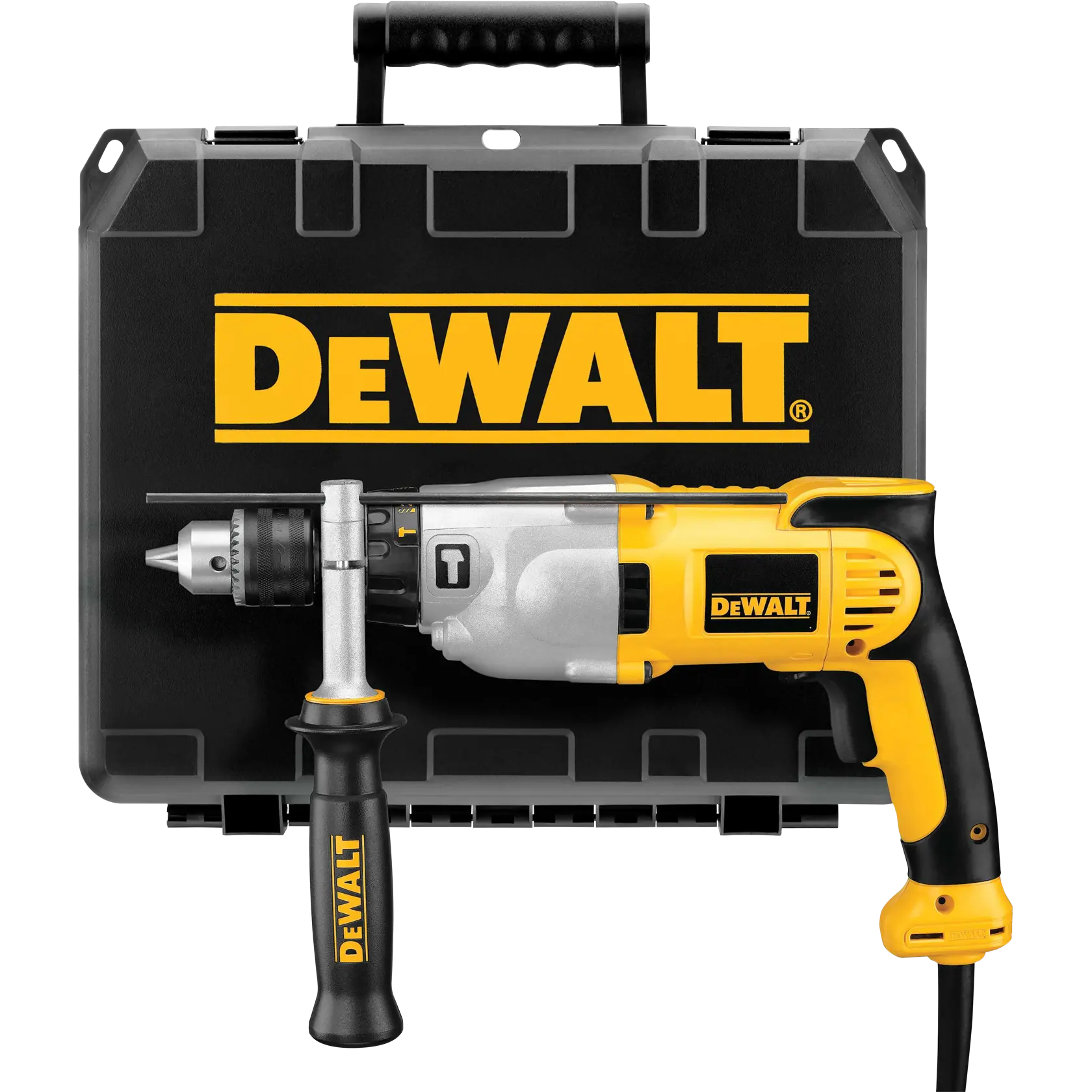 A DEWALT corded electric drill with a side handle and carrying case. The case is black with a large yellow DEWALT logo. The drill is yellow and black with a metallic front.
