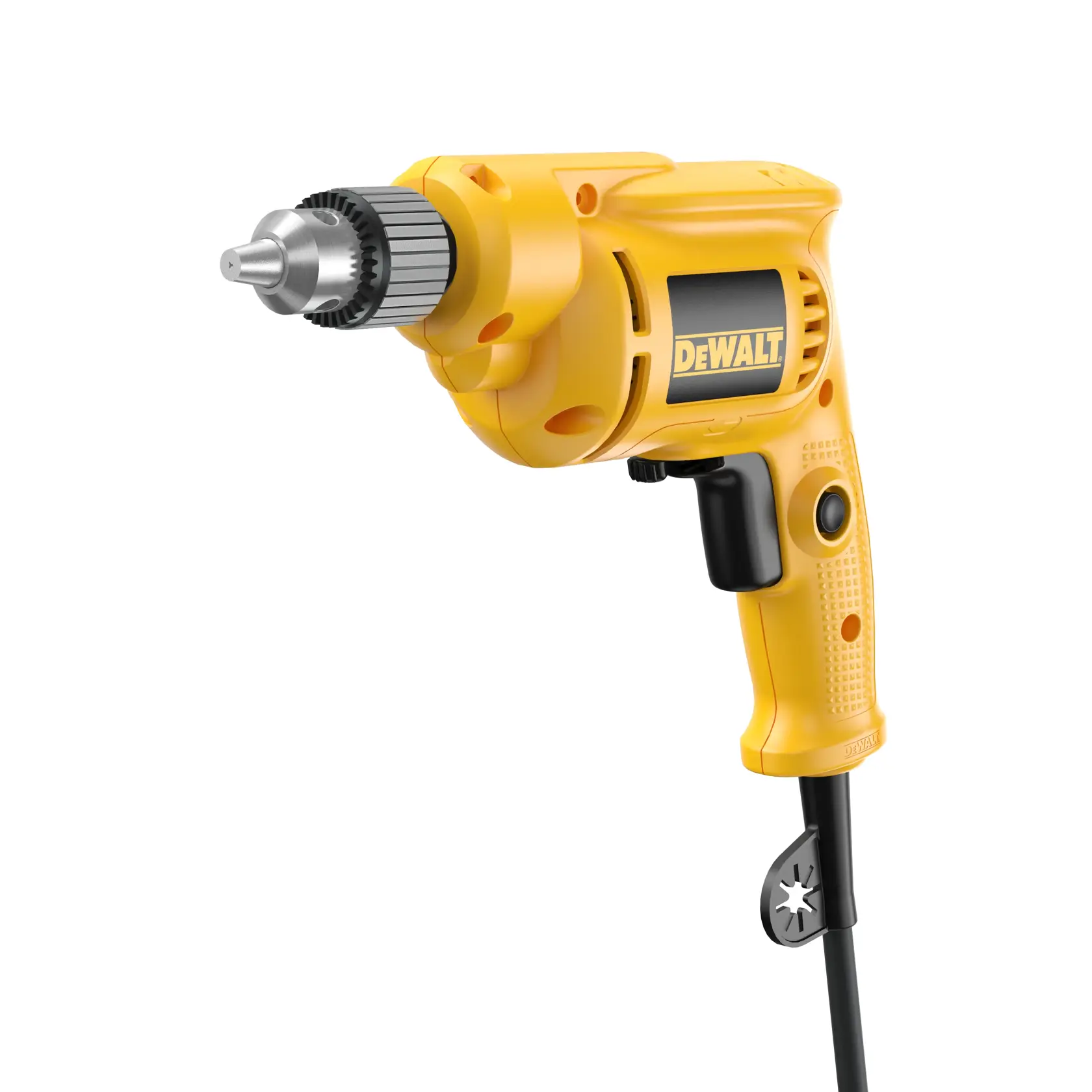 A yellow DEWALT corded electric drill with a black trigger and textured grip, shown from the side.