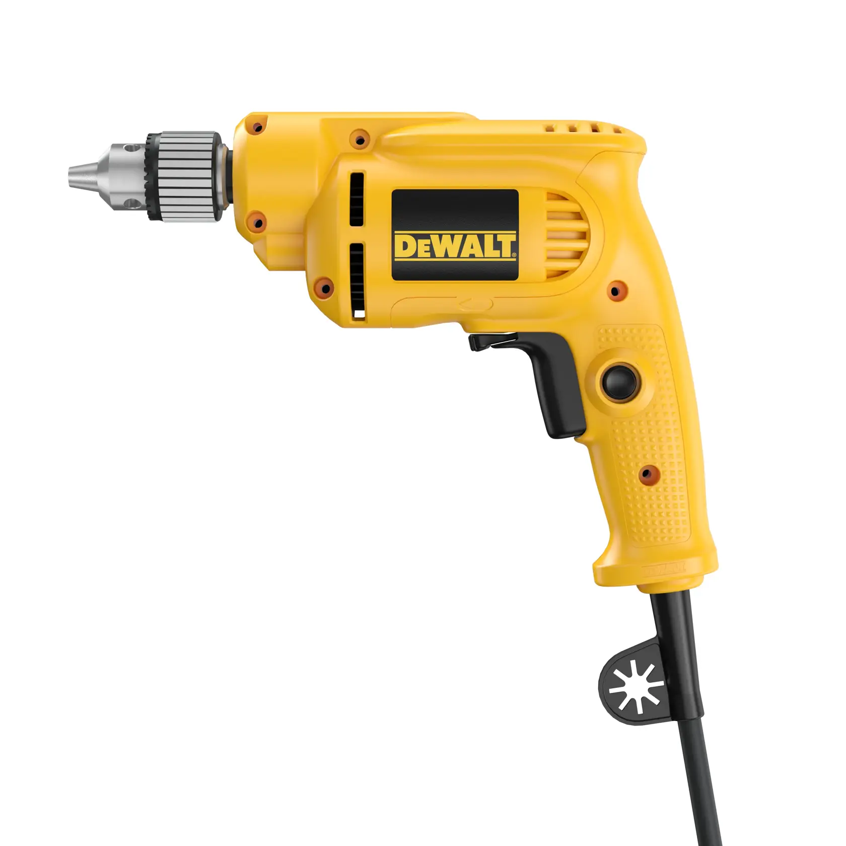 A yellow DEWALT corded electric drill with a black trigger and handle, shown from the side. The drill features a grip with textured dots and a visible chuck for drill bits.