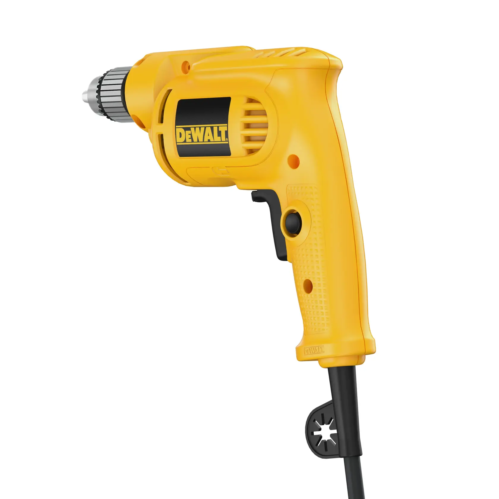 A yellow DEWALT corded electric drill with a pistol grip and a metal chuck, shown against a white background.