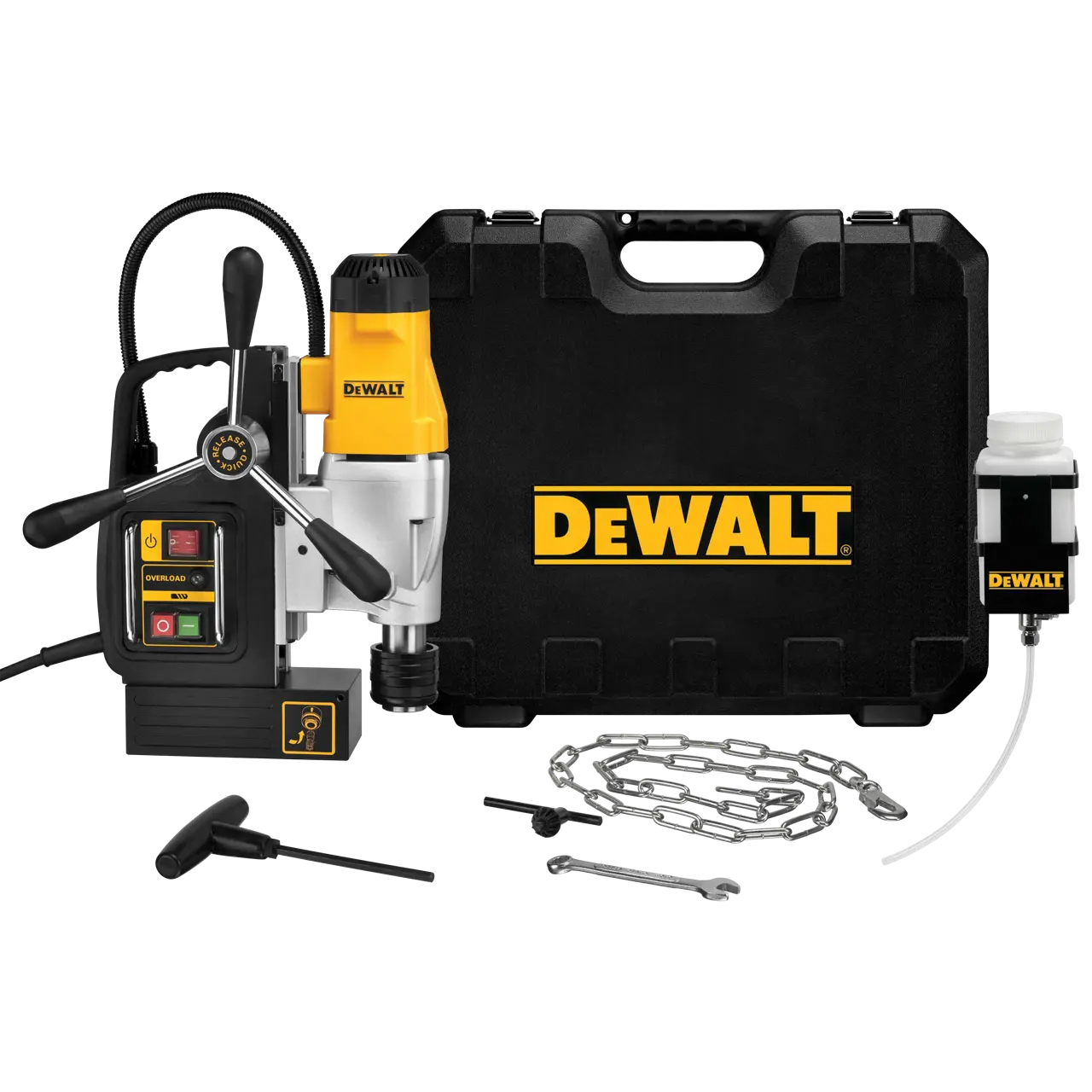 A DEWALT DWE1622K magnetic drill press kit shown with its accessories, including a black carrying case with the DEWALT logo, a magnetic drill press machine, lubricant bottle, chain, wrench, and other tool components.