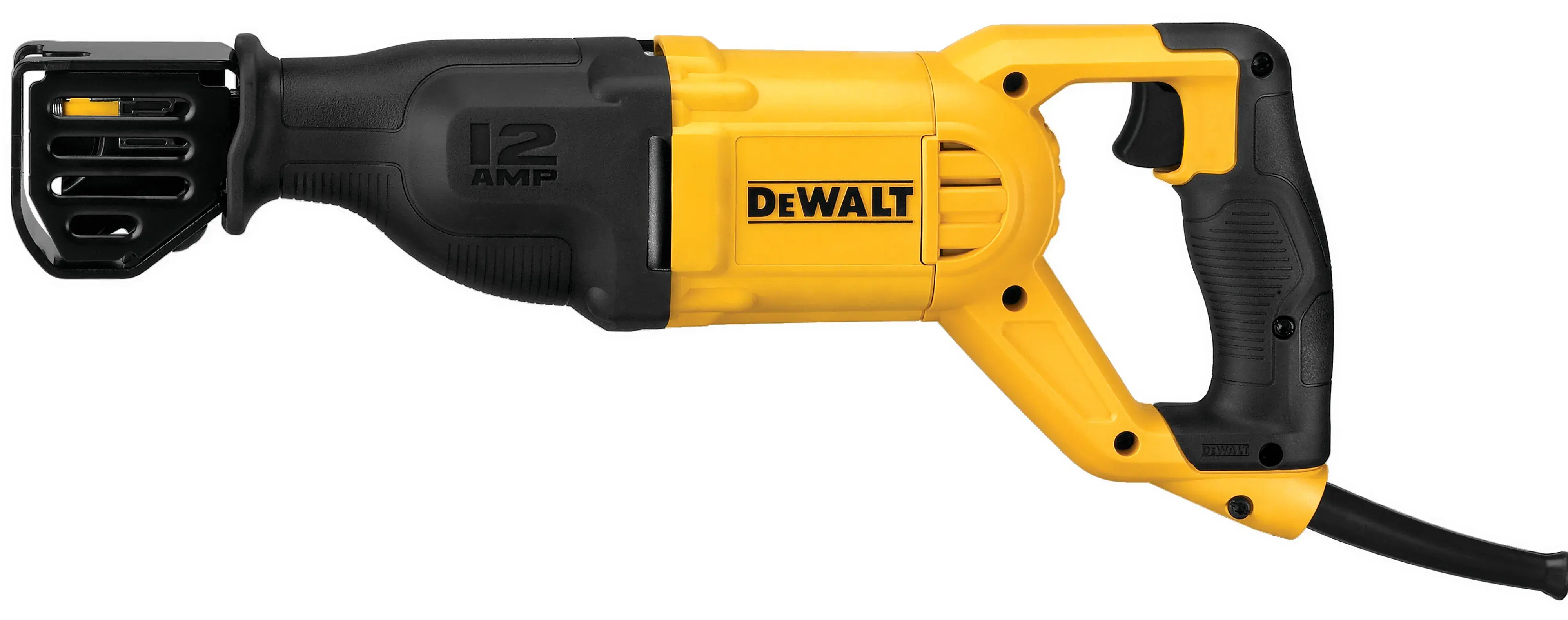A yellow and black DEWALT 12 amp corded reciprocating saw with ergonomic handle, shown from the side on a white background.