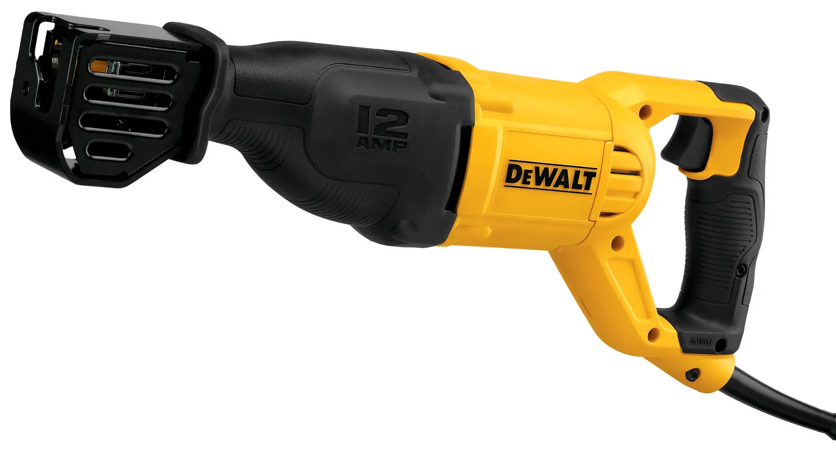 A yellow and black DEWALT reciprocating saw, model DWE305, with a 12-amp motor. The saw features an ergonomic handle design and a wired power cord.