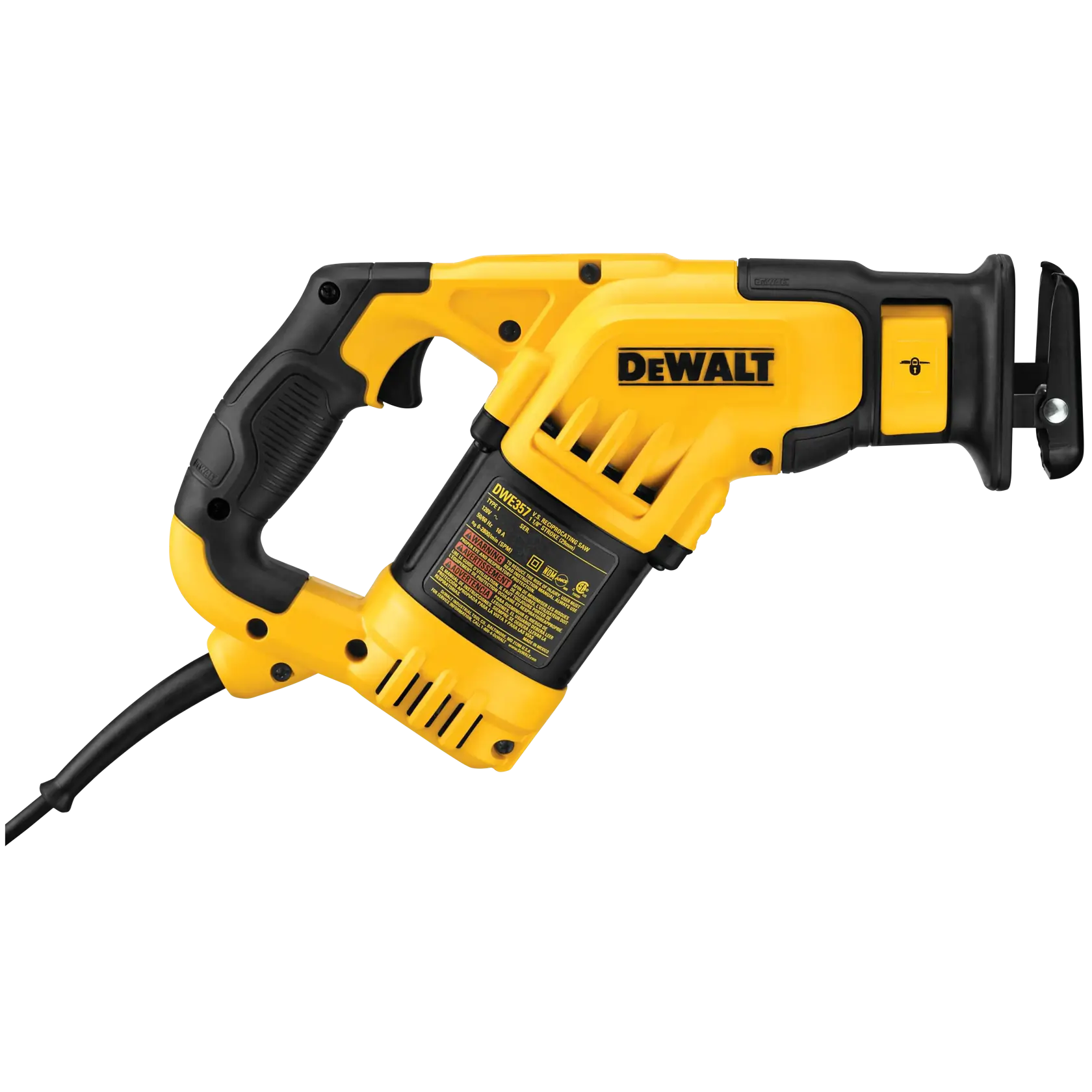 A yellow and black DEWALT reciprocating saw with a corded handle, model DWE357. The saw features ergonomic grip design and safety instructions on the side.