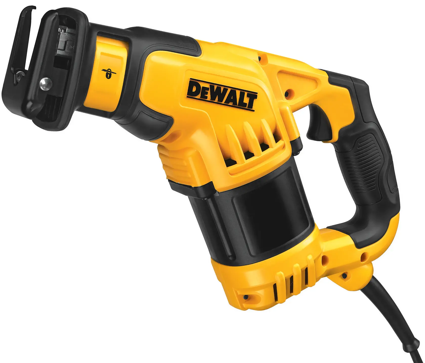 A DEWALT DWE357 reciprocating saw in yellow and black color with a corded handle. The saw is designed for cutting materials in construction and demolition work.