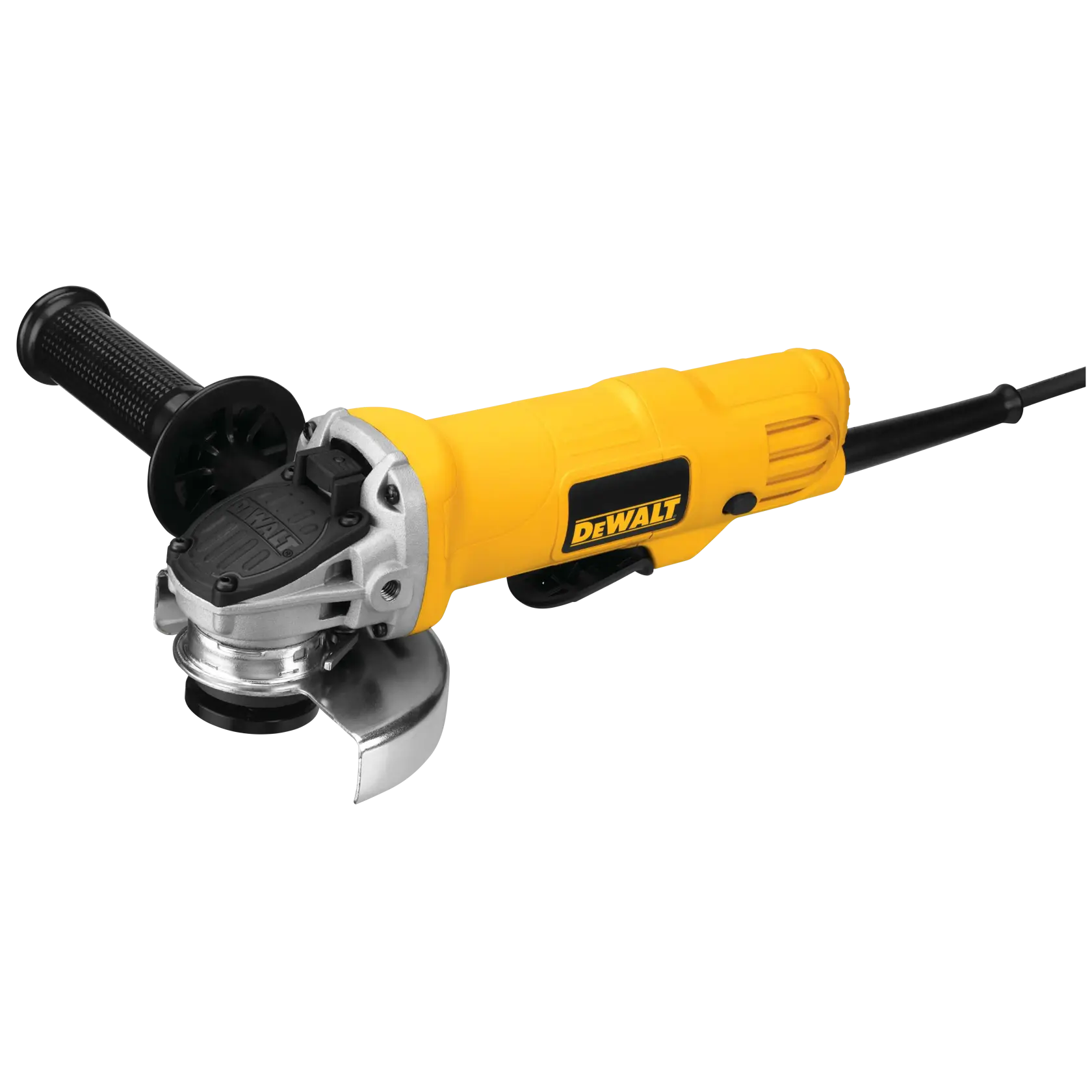 A yellow DEWALT electric angle grinder with a black side handle and power cord.