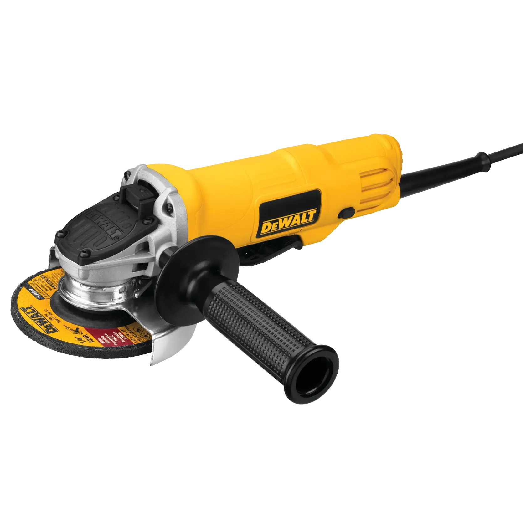 Yellow DEWALT angle grinder with black handle and safety guard, designed for cutting and grinding tasks.