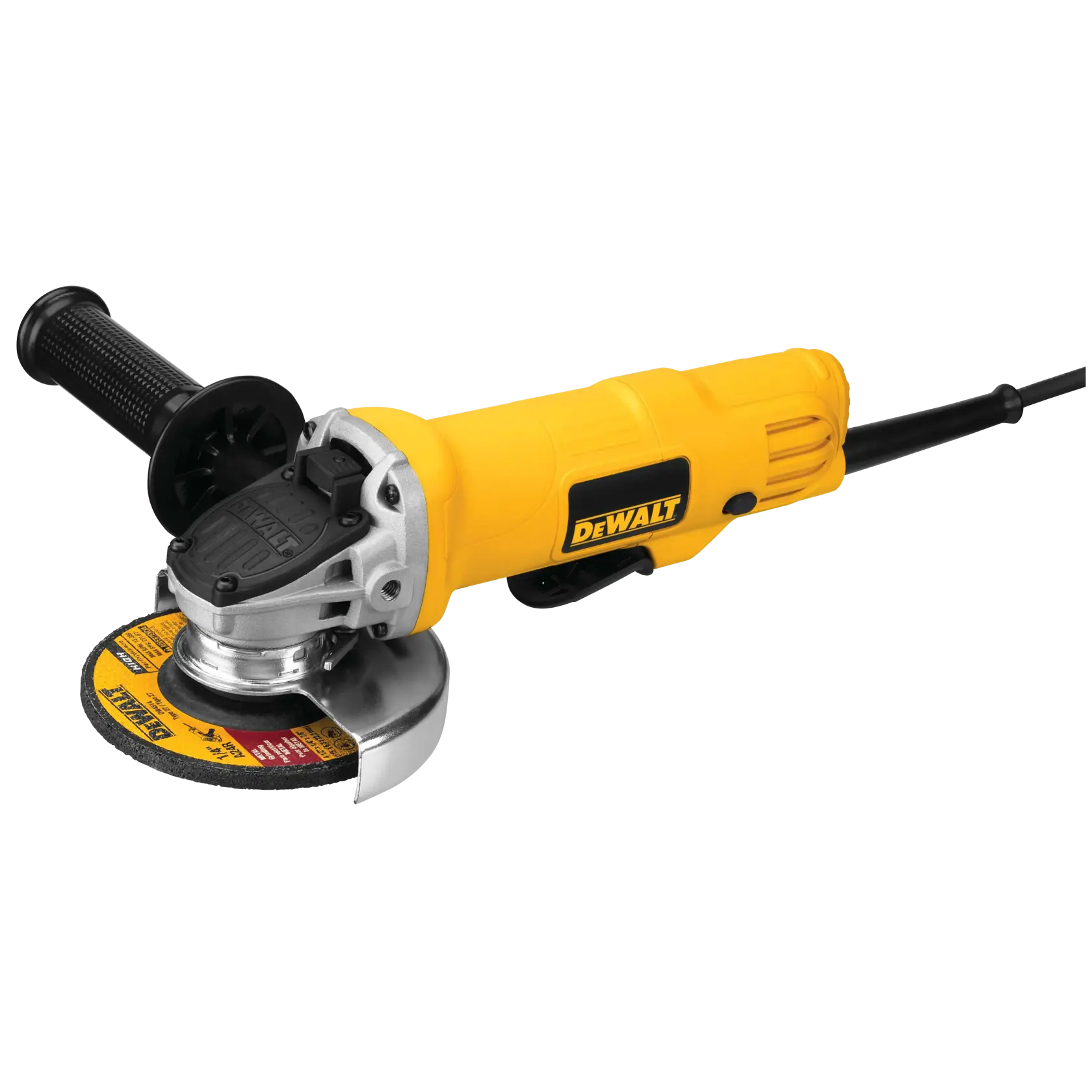 A yellow DEWALT DWE4012 angle grinder with a black side handle and a cord, designed for cutting, grinding, and polishing tasks.