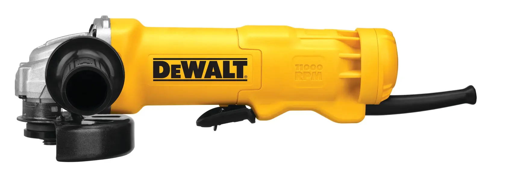 A yellow DEWALT angle grinder with a side handle, power cord, and visible branding on the body.