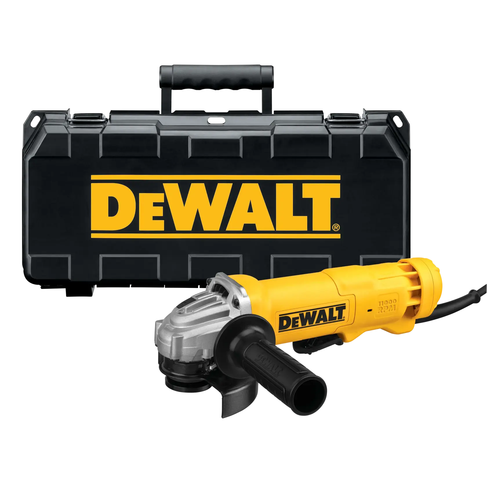 DEWALT angle grinder tool with a yellow and black design, shown in front of a black DEWALT carrying case with a handle.