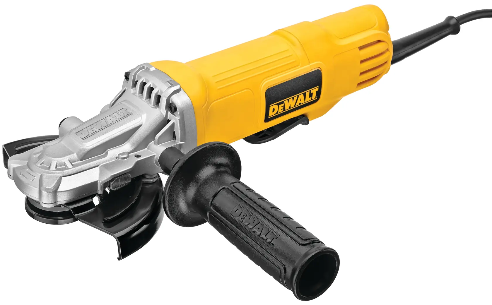 A yellow and black DEWALT angle grinder with a side handle and power cord, model DWE4120FN, displayed on a white background.