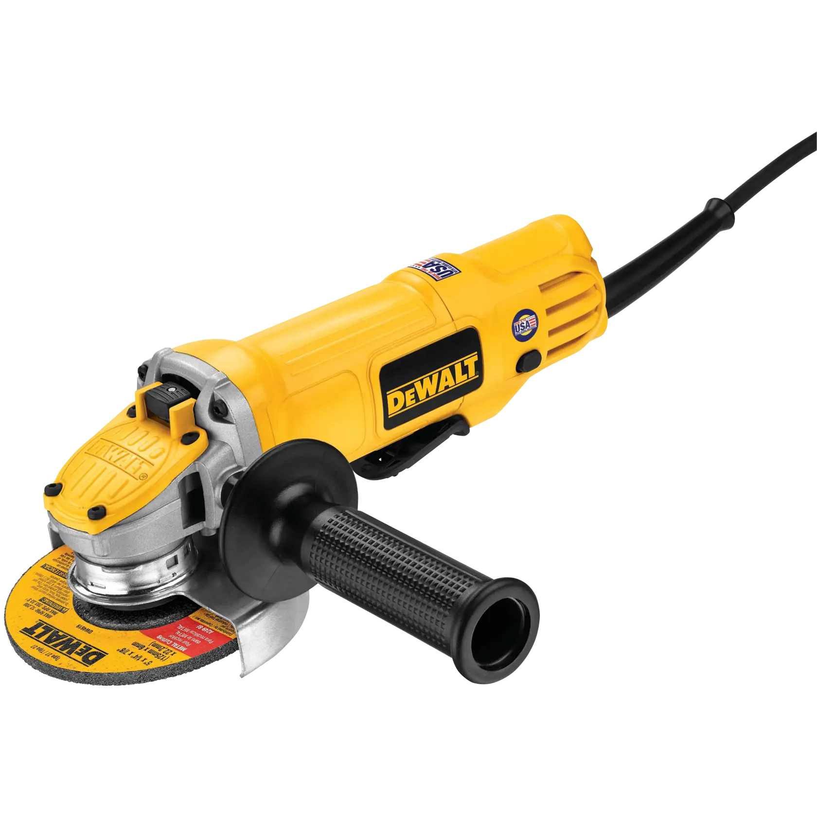 A yellow DEWALT angle grinder with a black side handle and a circular abrasive disc, shown with its power cord attached.